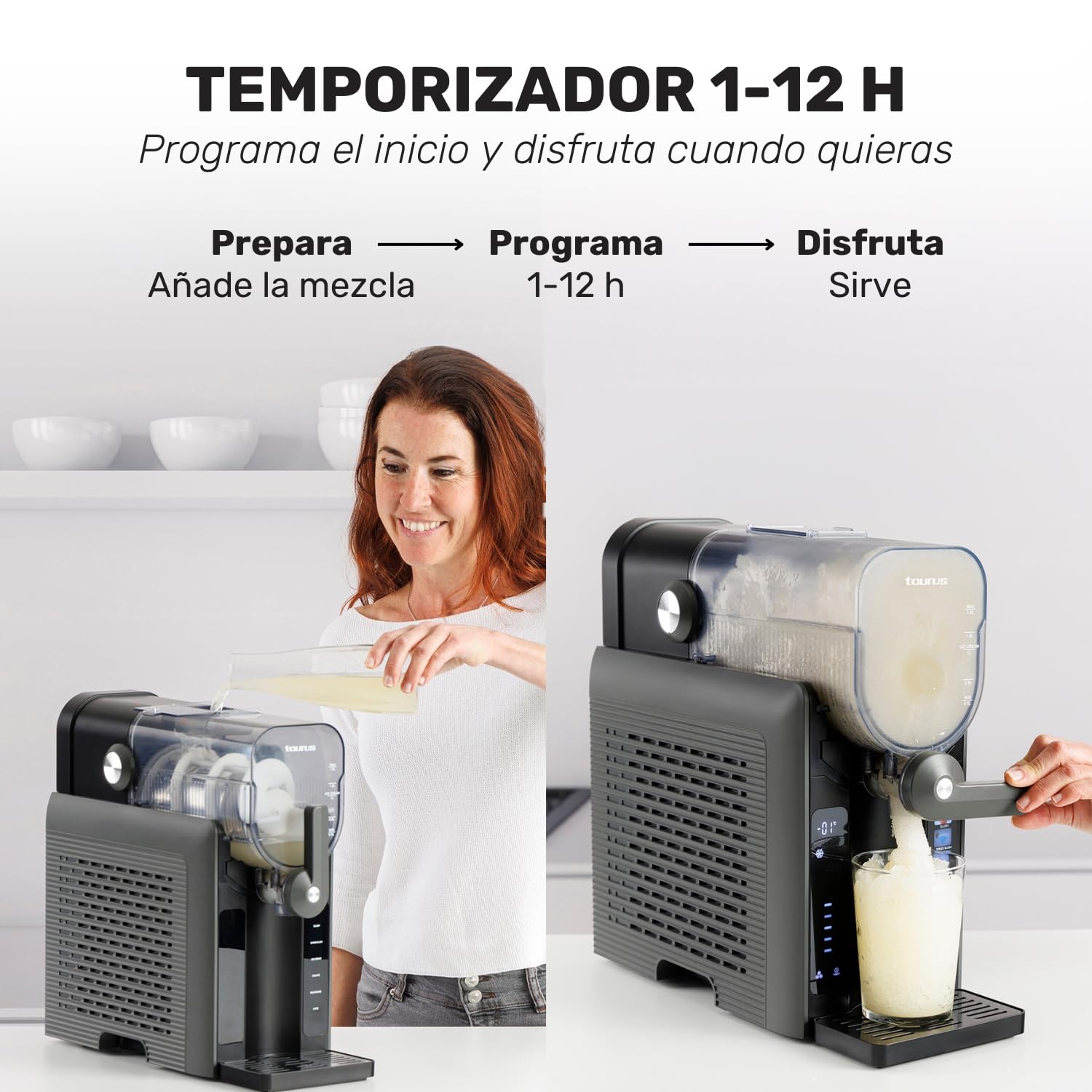 Taurus – Máquina de Granizados Ice Flow 2600 | Capacidad 1,6L | 6 Programas de Bebidas heladas y granizadas | Listas en 15 min | Diseño compacto | Pantalla Táctil | Autolimpieza + Apto Lavavajillas