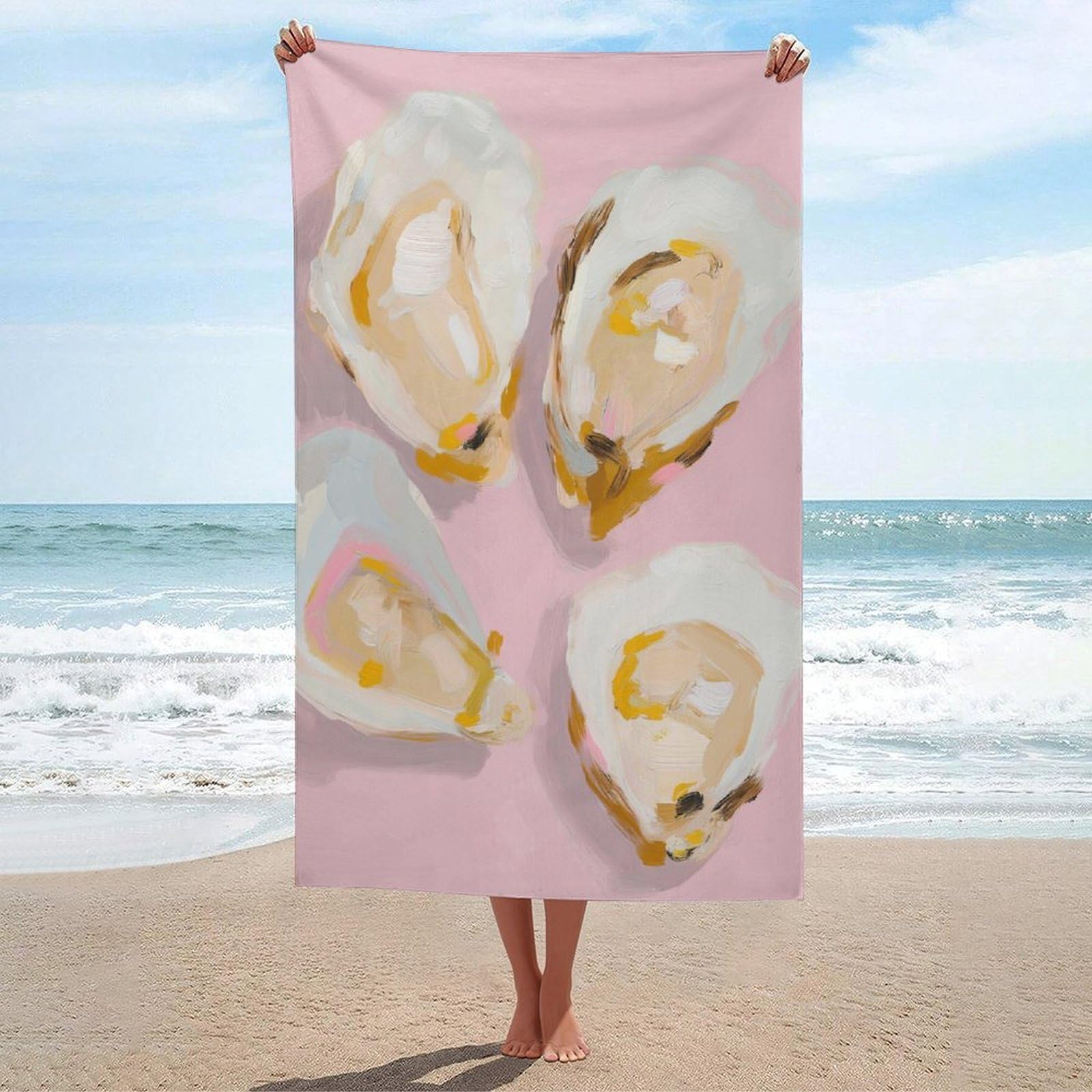 asbwuo Watercolor Oysters on Light Pink Beach Towel