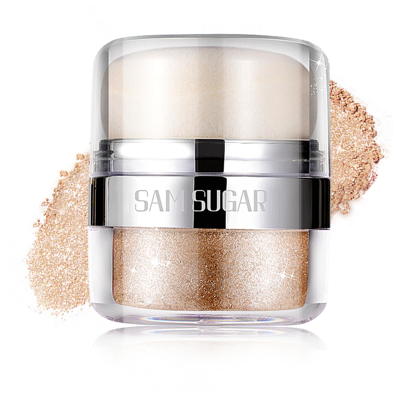 Body Shimmer Powder, Body Glitter Powder with Sponge Head, 3D Contour & Long Lasting Luminous, Glow Highlighter Makeup for Face, Eyes, Hair, Perfect for Daily, Party (Champagne Gold, 1.13 Oz)