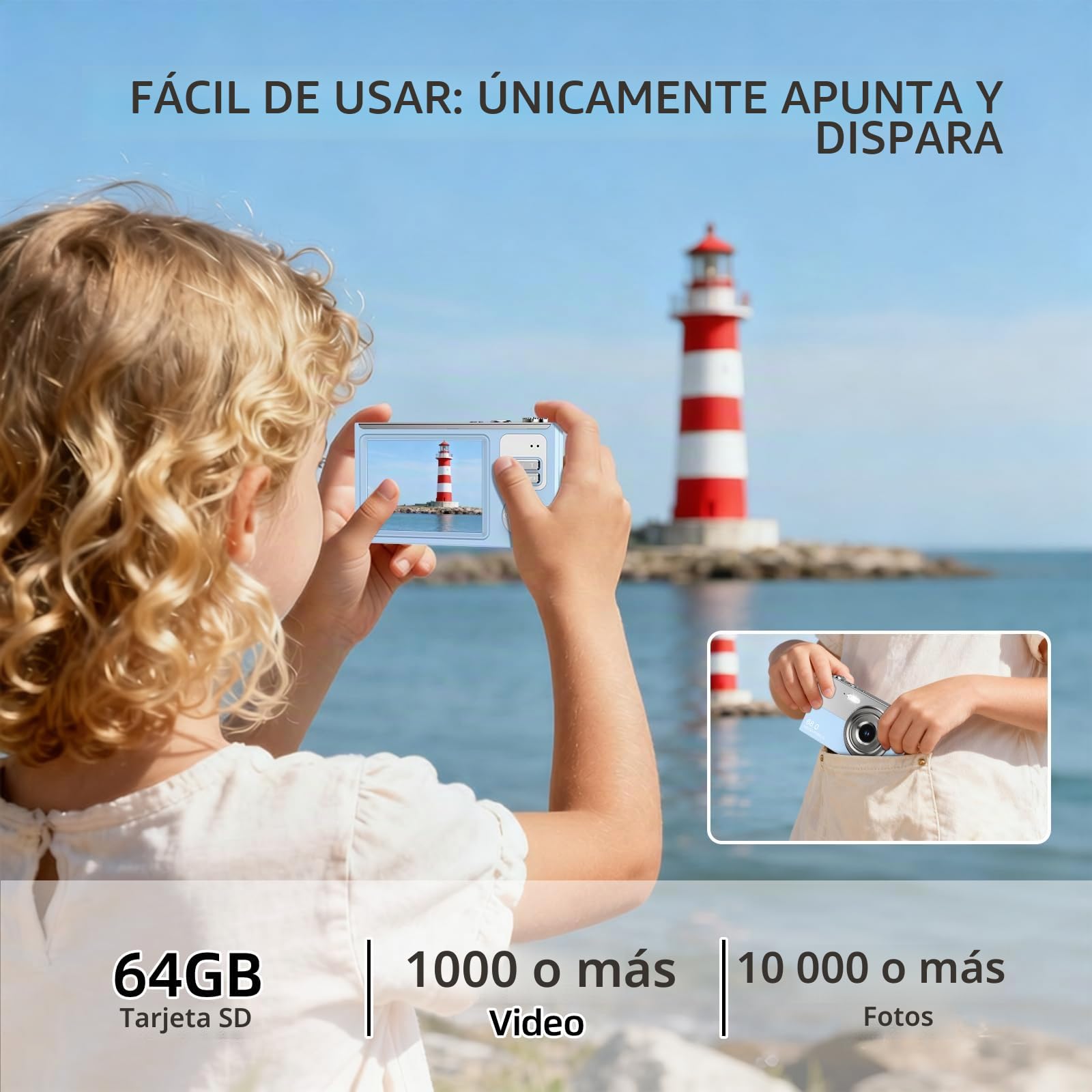 Cámara digital de 64 MP 4K para niños con pantalla IPS de 2.8", tarjeta SD de 64 GB y zoom digital de 16X. Antivibración, cámara compacta compacta y portátil. Regalo pequeño para niños, niñas y estudi