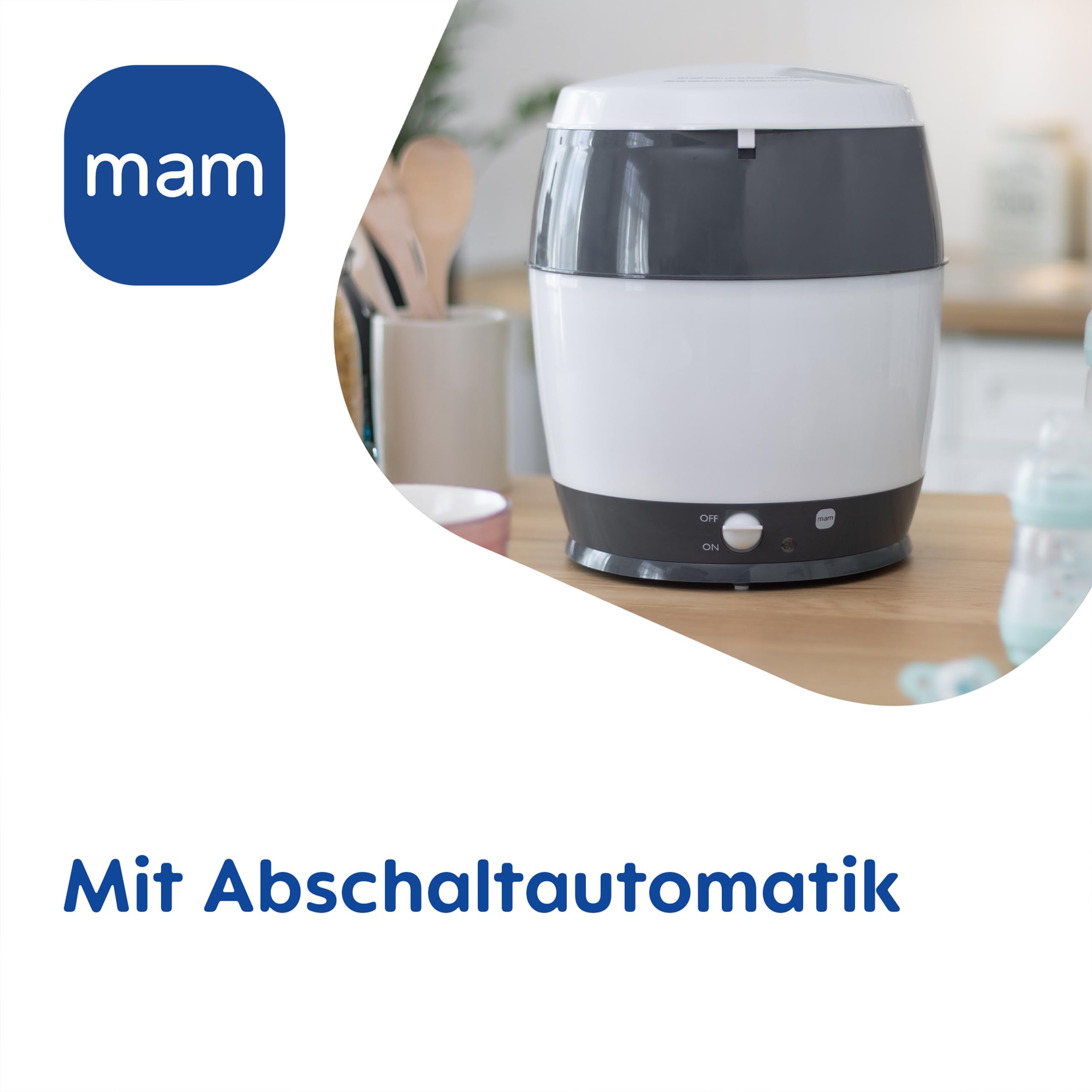 MAM Sterilisator, elektrischer Dampfsterilisator für Babyflaschen, Sauger & Zubehör, zuverlässiger Vaporisator inkl. Oberkorb und Zange, grau
