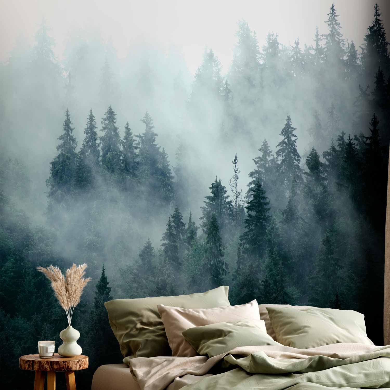murando Fototapete selbstklebend Wald Nebel 490x350cm Foto Tapete Tapetenfolie Möbelfolie Wandverkleidung Wandtapete Motivtapeten Bildtapete Wohnzimmer 3d Effekt Modern Natur Landschaft skandinavisch
