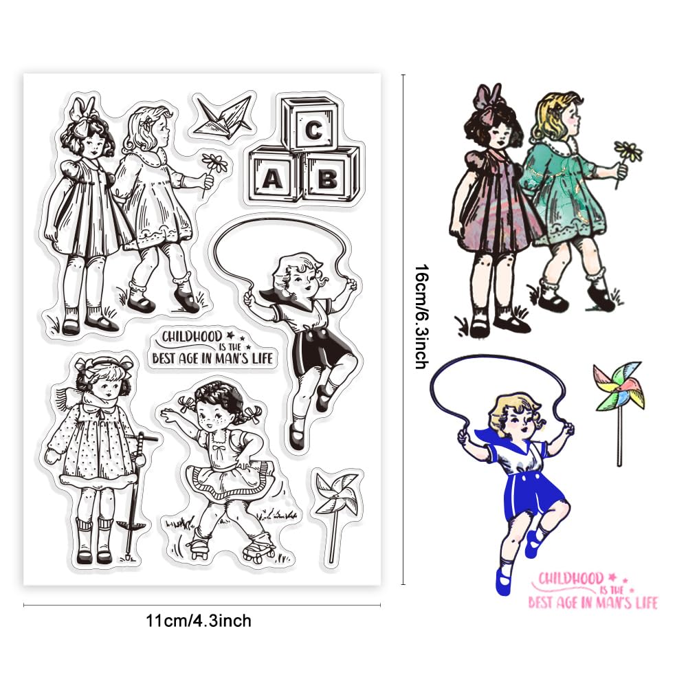CRASPIRE SchoolClear Rubber Stamps Happy Childhood Retro Dress Lovely Woman Jump Rope Paper Airplanes Transparent Vintage Postmark Silicone Seals Stamp Journaling Card Making Diy Scrapbooking - Image 2
