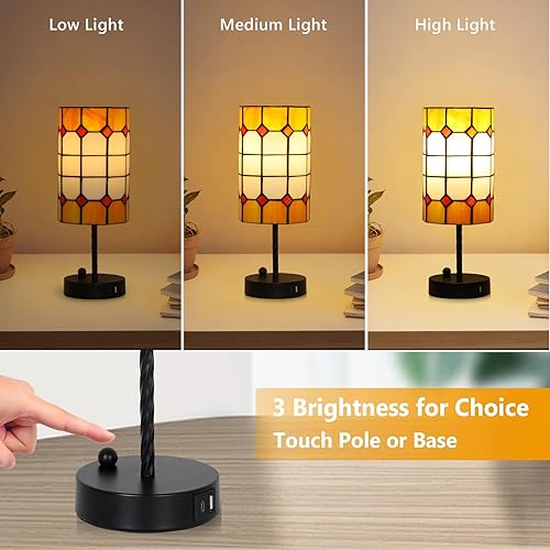 Miniatura 3 de Tiffany - Juego de 2 lámparas de mesa táctiles regulables de 3 vías con bombillas y puerto de carga USB, lámpara de vidrieras para mesita de noche,