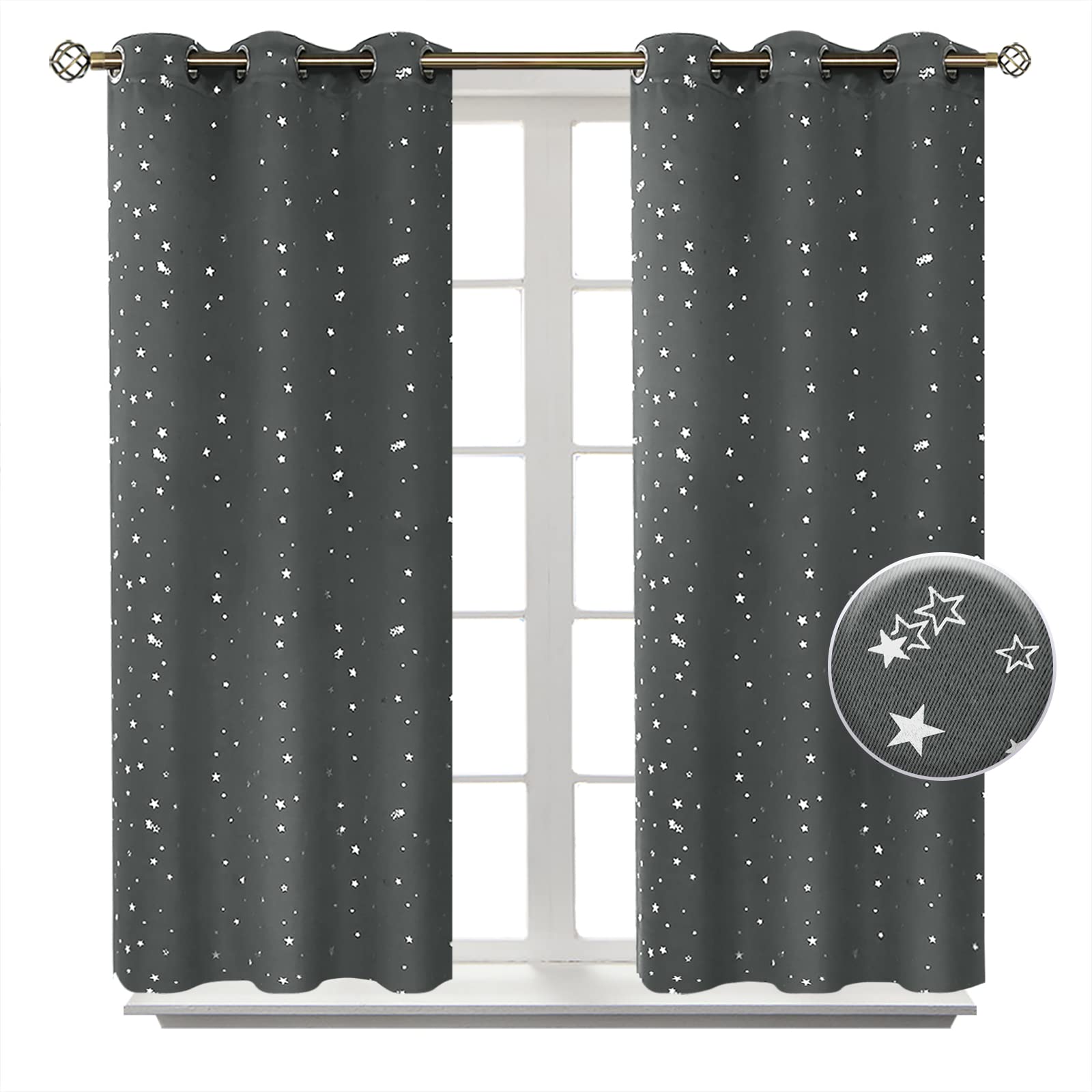 BGment Kids Blackout Curtains for Bedroom - Grommet Thermal Insulated Silver Star Print Room Darkening Curtains for Living Room, Set of 2 Panels (38 x 45 Inch, Dark Grey)
