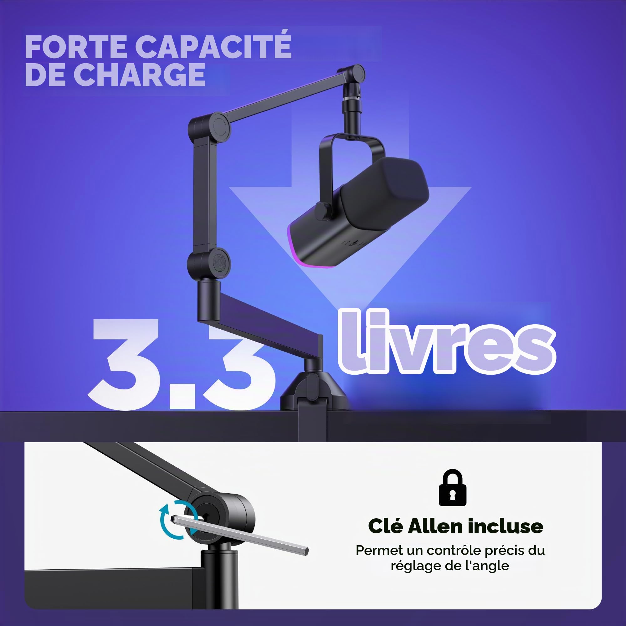 InnoGear Bras de micro à profil bas, rotatif à 360 °, bras de microphone pliable avec adaptateur de 0,95 cm à 1,5 cm pour Fifine AM8 K669B Blue Yeti HyperX QuadCast SoloCast AT2020 et autres micros