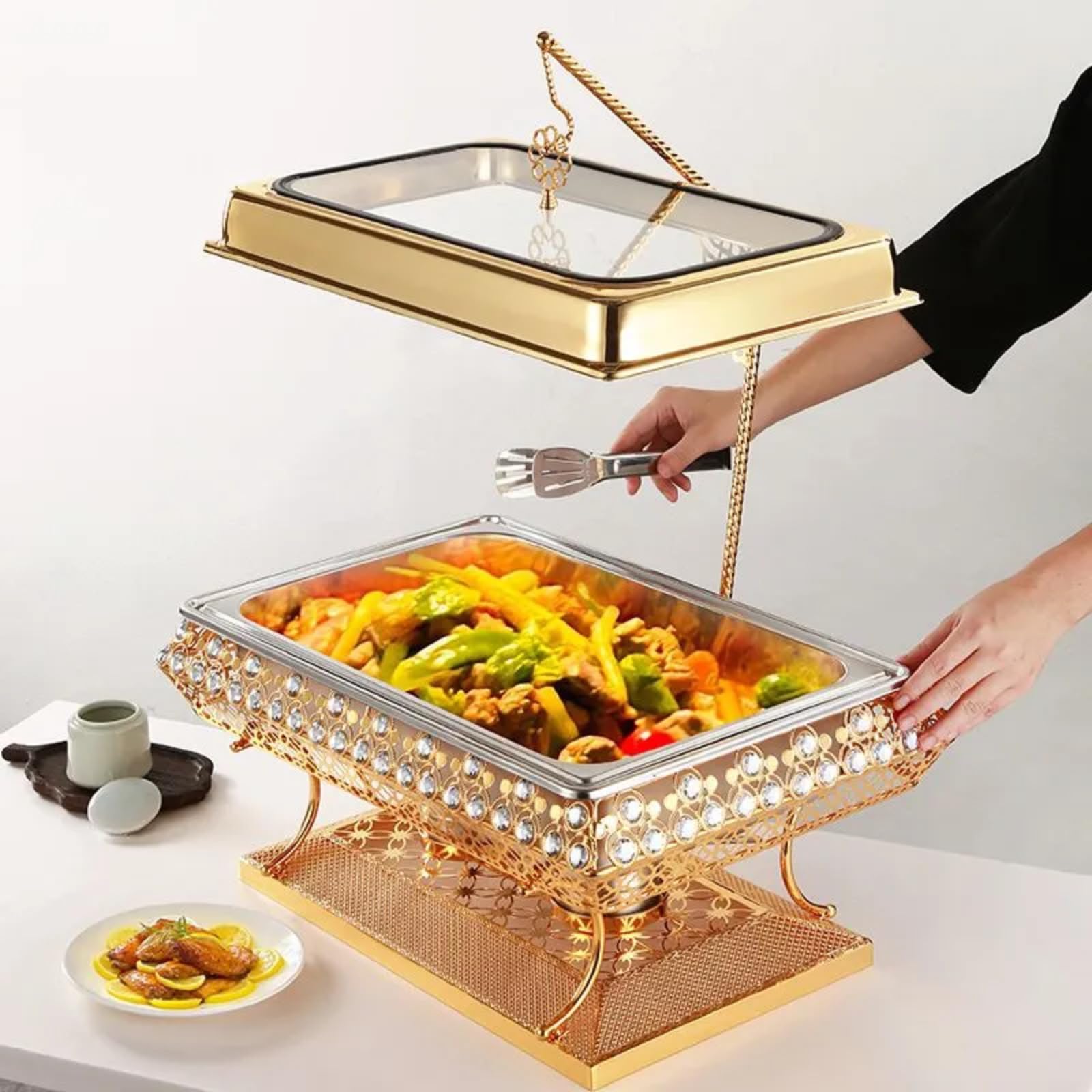 Platos de frotamiento comerciales de 8 litros for Buffet | Chafer de acero inoxidable con tapa colgante Calentadores de alimentos for buffet