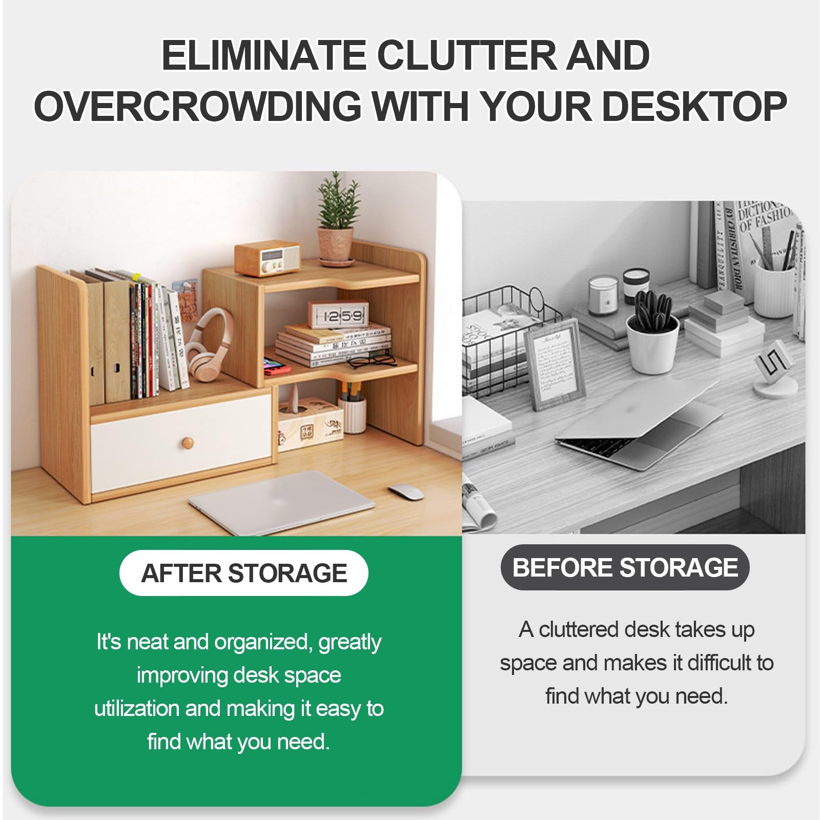Schreibtisch-Organizer aus Holz, mit Schubladen, platzsparend, für Bücher und Bürobedarf, stilvolles Gitterregal für Zuhause, Wohnheim, Arbeitszimmer und Schminktisch (linkes Modell)