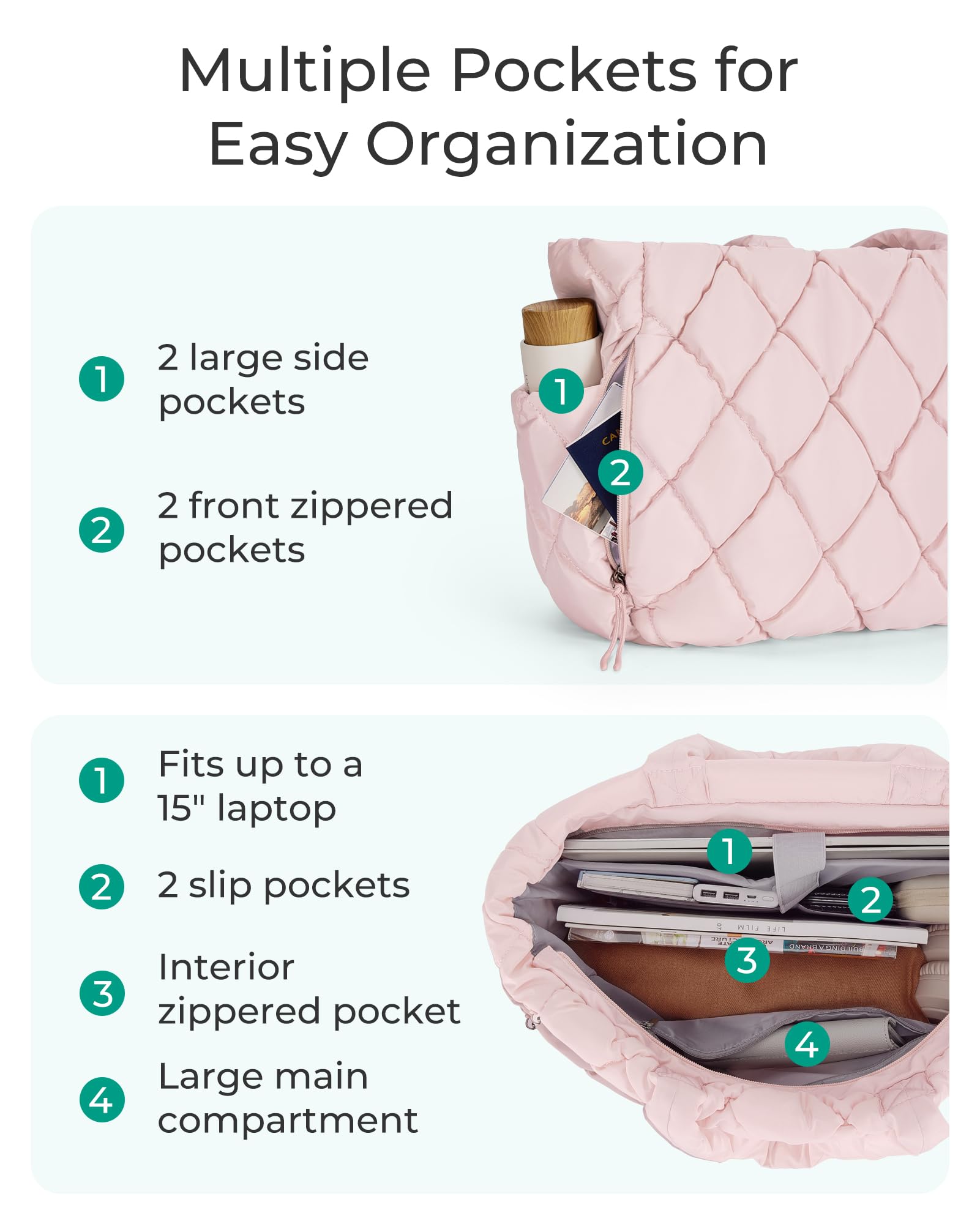 BAGSMART Tote Bag for Women, Quilted Puffer Tote Bag with Compartments, Shoulder Handbag Work Bag with Zipper for Travel