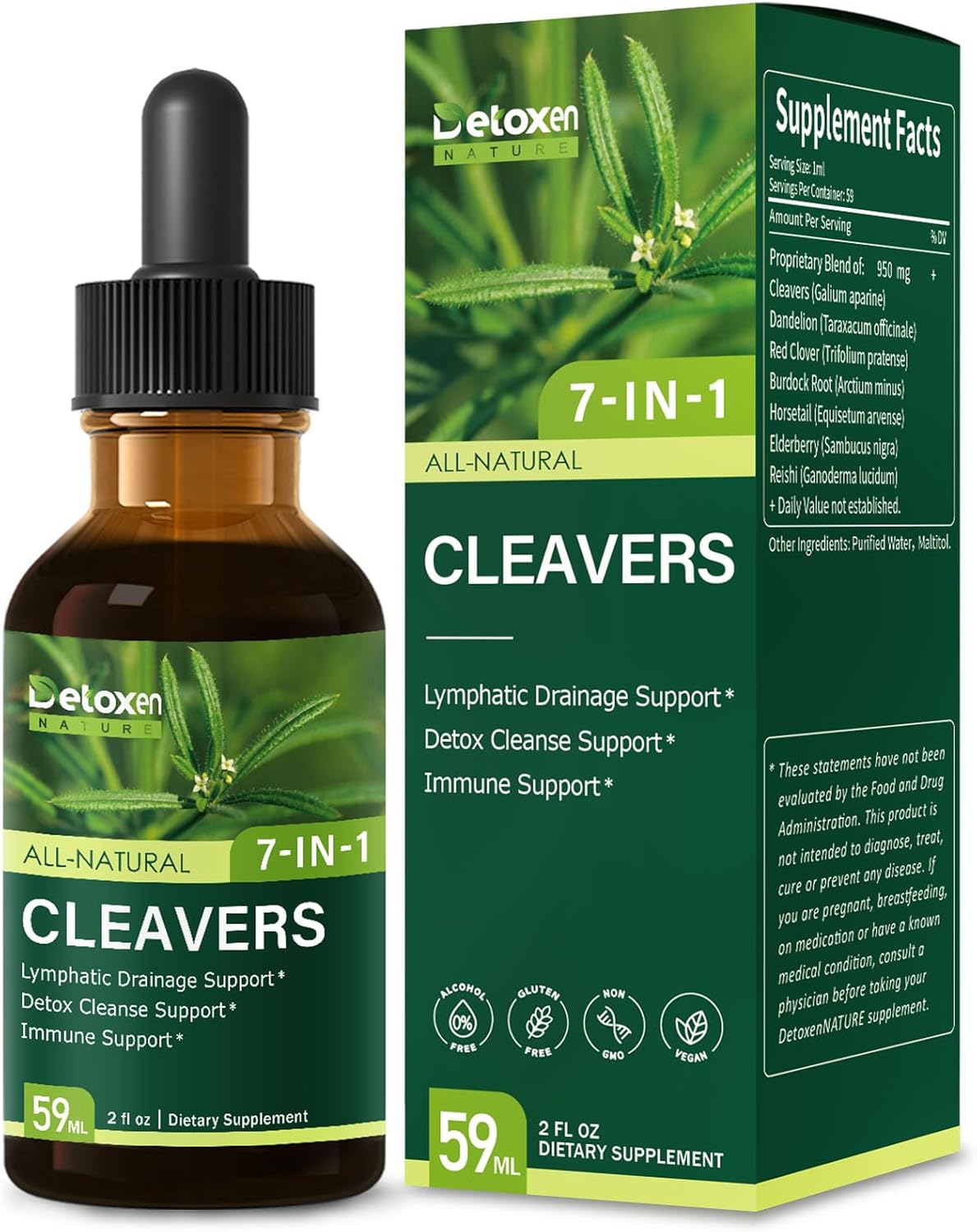 Cleavers Herb Extract Organic Drops for Lymphatic Drainage Support, Detox Cleanse Support with Dandelion Horsetail. Health Herbal Supplements for Immune Support w/Elderberry Reishi. 4oz
