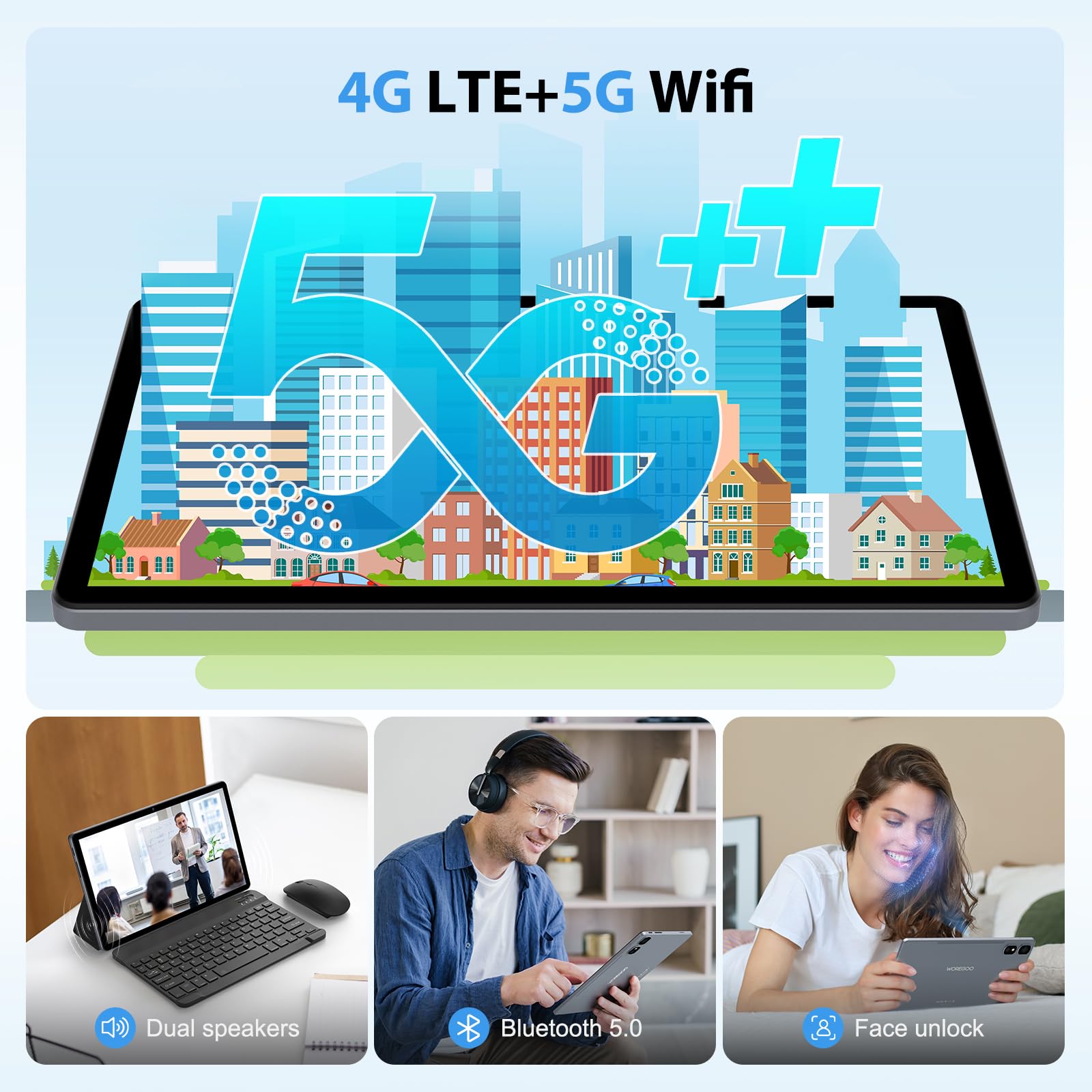 WOREGOO 10.6 Pollici Tablet Android 14, 4G LTE e 5G WiFi, 2.0GHz Octa-Core, 36GB RAM+256GB ROM (1TB TF), 2K 2000x1200 FHD Display, GMS/GPS/8+13MP/Batteria 9580mAh con Tastiera+Mouse (Grigio)