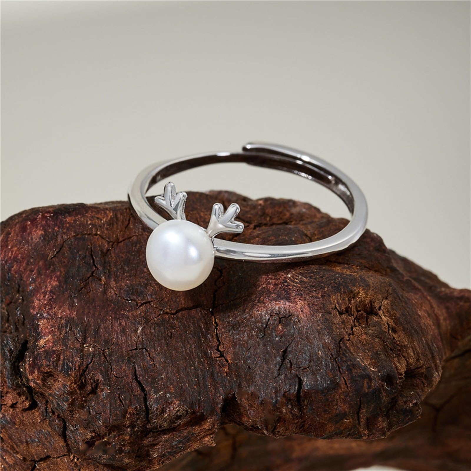 Anillo de mujer de plata de ley 925, anillo de aniversario anillos mujer diseño de ciervo con perla abierta ajustable