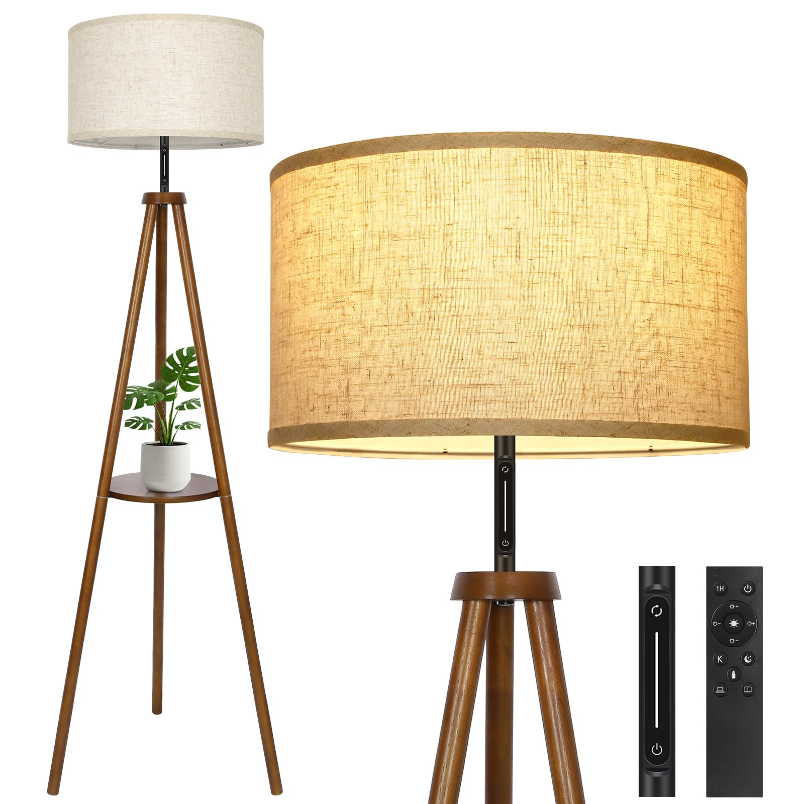 OUTON Stehlampe Holz Dreibein, Modern Dimmbar Stehlampe mit Fernbedienung & Touch-Steuerung, 4 Farbtemperaturen, 1H Timer, Stehleuchte mit Regal & Leinen-Lampenschirm für Schlafzimmer, Wohnzimmer,Büro