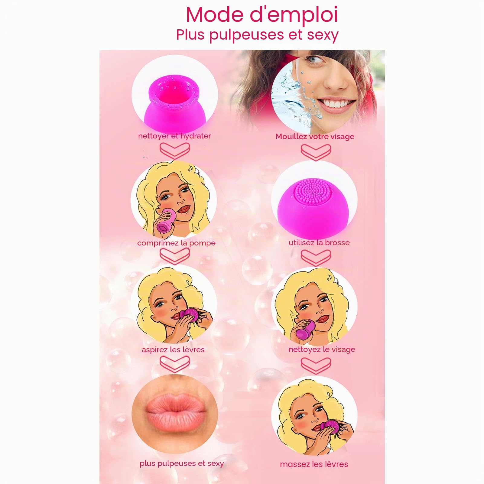 Appareil Plus Pulpeux pour les Lèvres, Rehausseur de Lèvres Beauté Plus Grande Bouche Rapidement Visage Propre Massage Pompe à Lèvres en Silicone avec Brosse(rose)