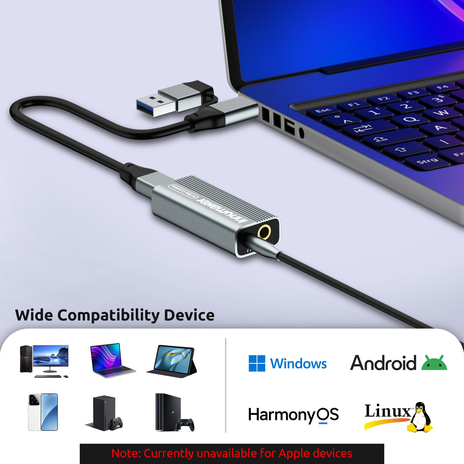 InnoMaker Scheda audio USB HiFi portatile/Amplificatore per cuffie/Amplificatori USB HiFi da tavolo con doppia uscita da 4,4 mm/3,5 mm, PCM 384 kHz/DSD256 per dispositivi Android, Linux e Windows