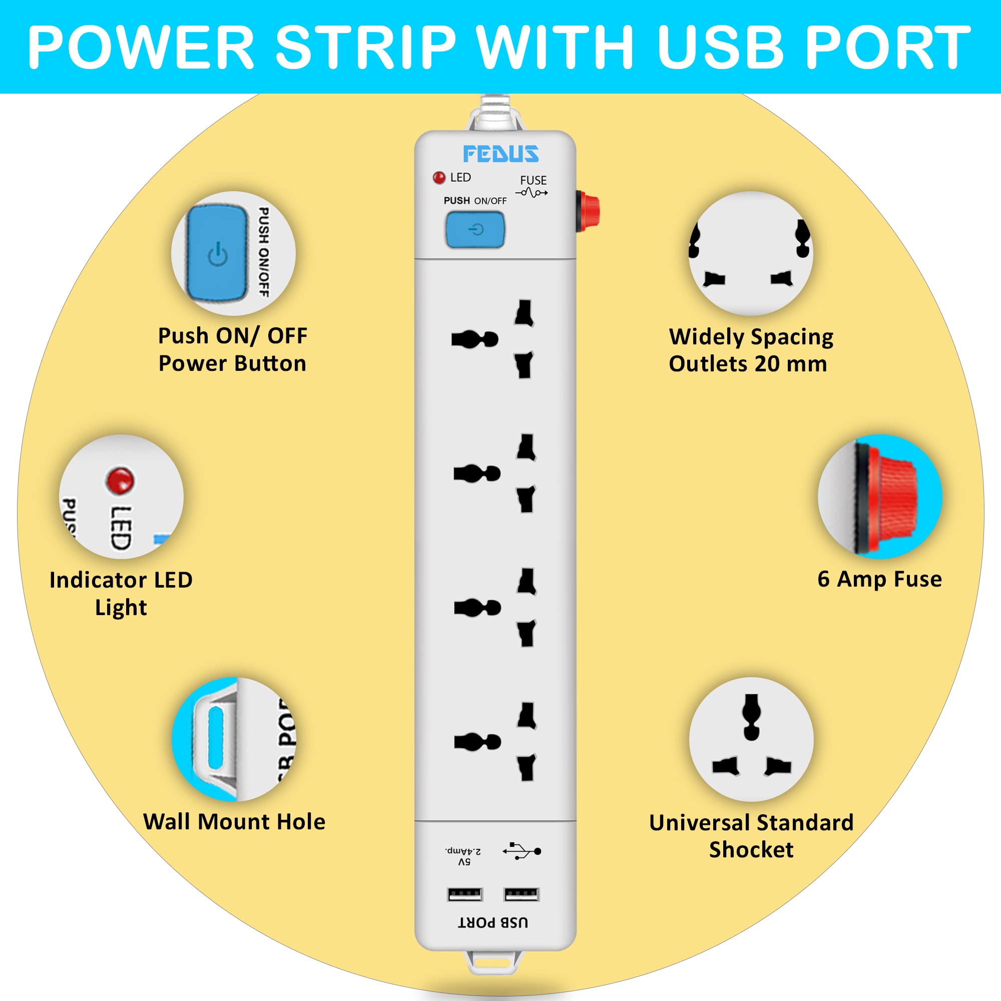FEDUS Extension Board With 2 Output USB Charging Ports (2.1A), 4 Universal Power Sockets, Switch Board Extension Board Cord, 1.8 Meter Long Wire, Power Strip, 3-Pin Surge Protection for Home Office — Amazon image 5