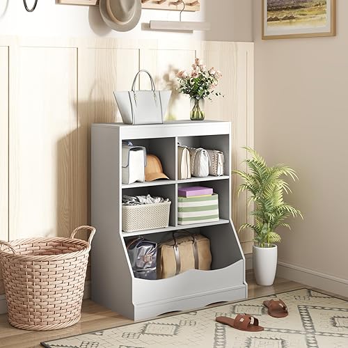 Miniatura 8 de LDAILY Estantería para niños, muebles de dormitorio para niños con 4 cubos, 1 compartimento abierto, estantería de guardería con dispositivo