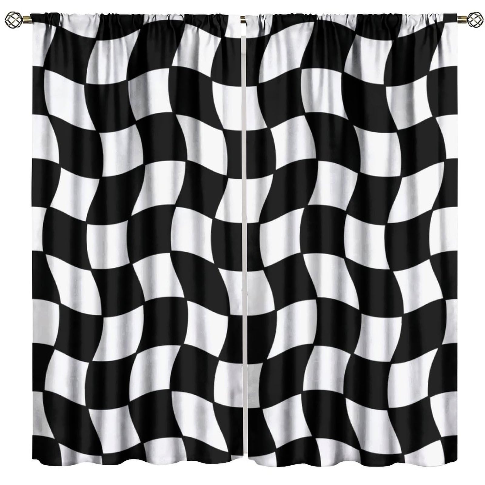 FengMingRui Abstract Checkered Flag Curtains Ｗave Black and White Grid Blackout Window Treatment for Boys Bedroom Game Room Decor Window Drapes 42" W