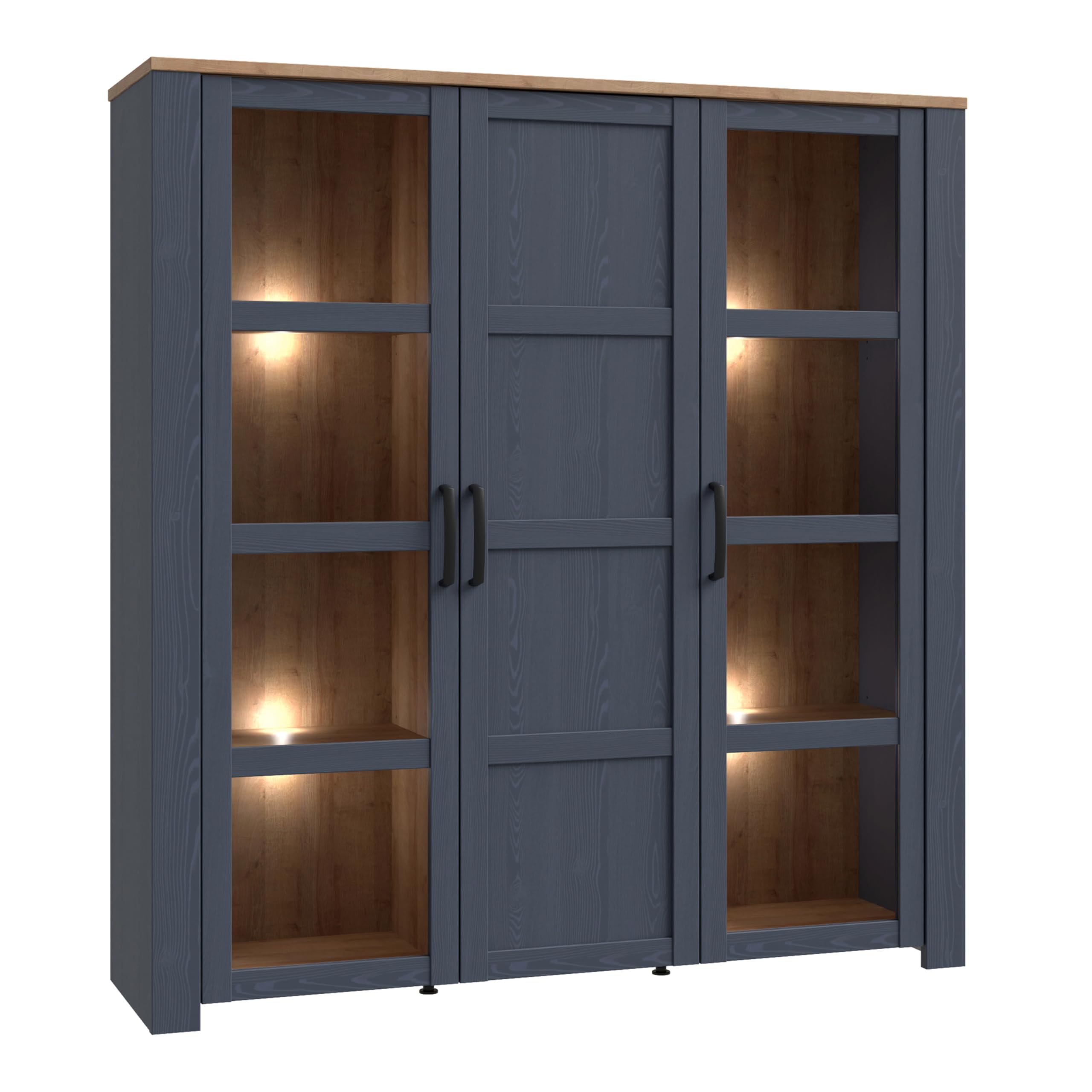 Furniture To Go | Bohol, Riviera Oak & Navy, Large Display Cabinet inc. 4X LED Lights