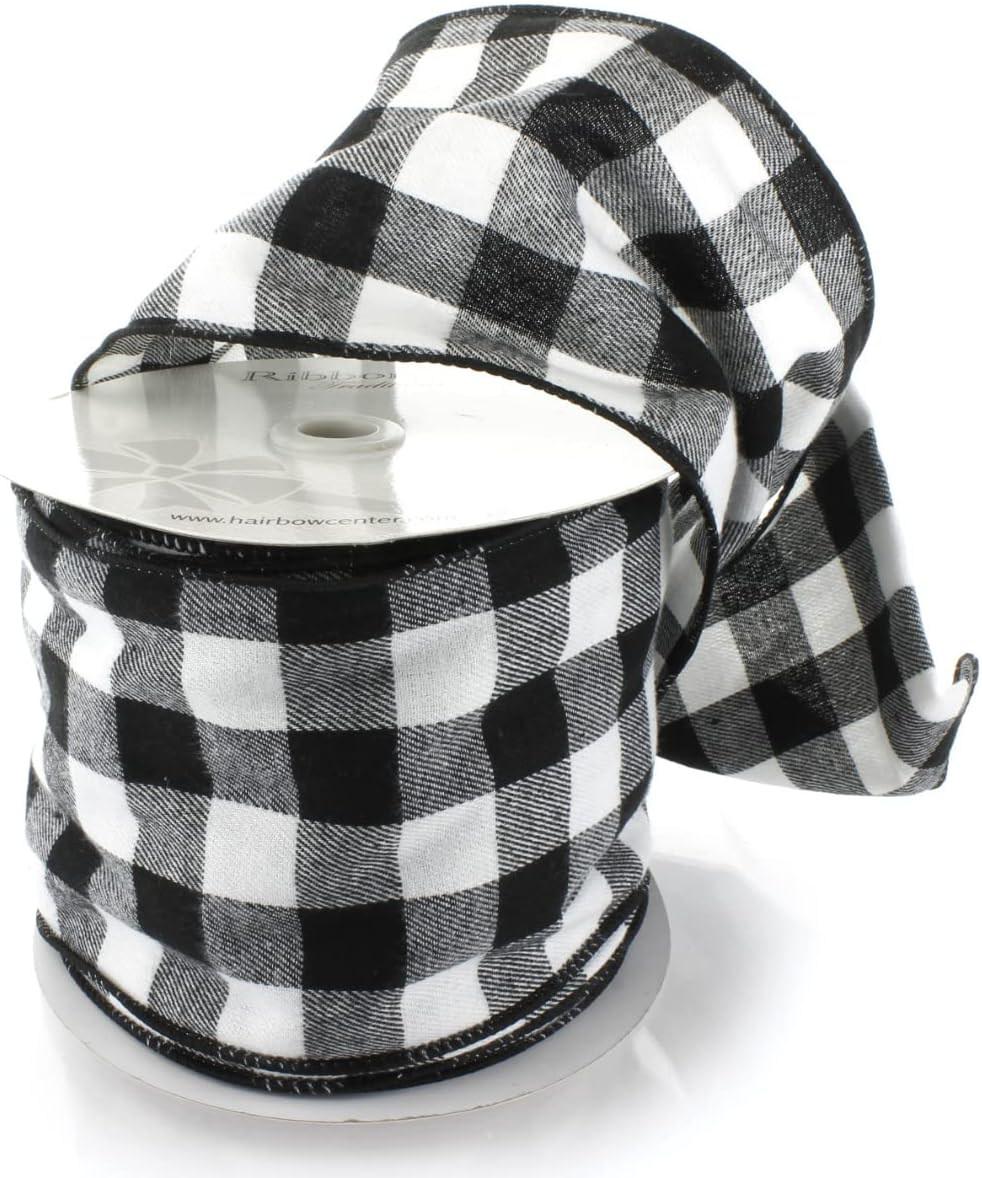 Ribbon Traditions 4.75 Wired White/Black Flannel Plaid Ribbon - 10 Yards
