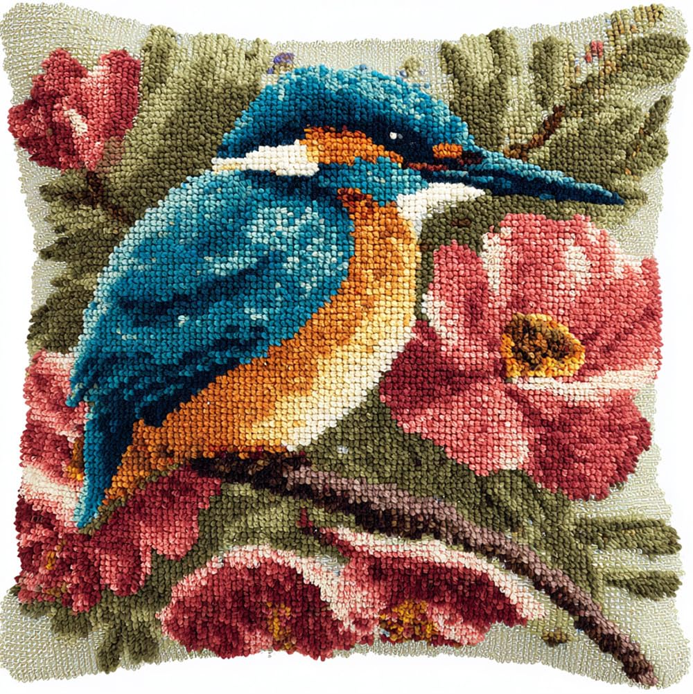 kitphoenix Latch Hook Cushion Kit -Kingfisher and Flowers 17X17Inch, DIY Needlework Pillow Cover Cushion Rug Making Kit for Adults