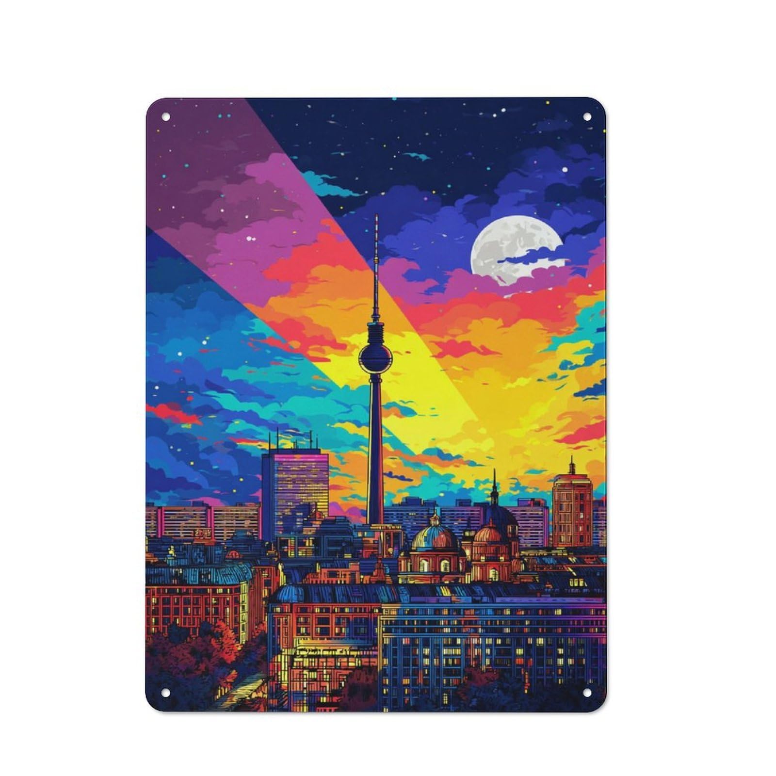 Junmoney Cityscape Under A Starry Sky Metal Wall Sign 40X30cm Featuring For Café Or Restaurant, For Vintage Wall Decor Fans, For Metal Sign Collectors