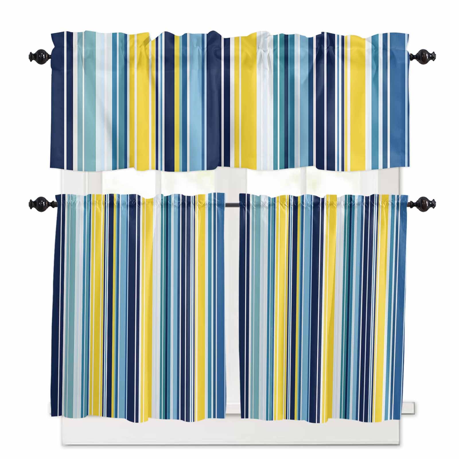 Blue Yellow Teal Stripes Kitchen Curtains 36 Inch Length, 3 Piece Rod Pocket Small Half Tiers and Valance Set, Boho Colorful Ombre Texture Small Large Window Treatment Decor for Bedroom/Bathroom Sink