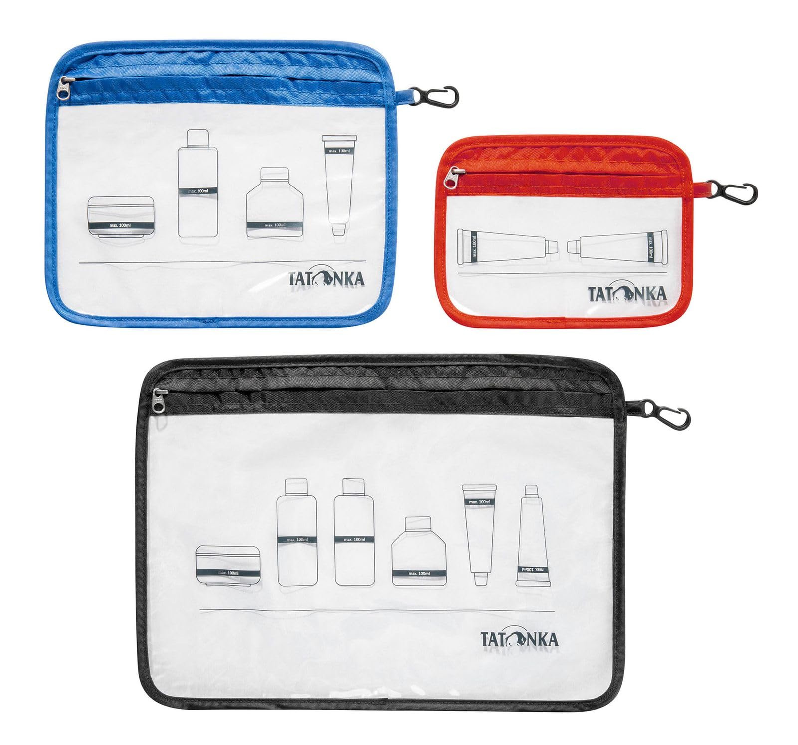 Tatonka Kosmetyczka Zip Flight Bag Set (3 sztuki A4 / A5 / A6) - przezroczyste worki do przewożenia płynów w bagażu podręcznym samolotu (czerwony/niebieski/czarny)