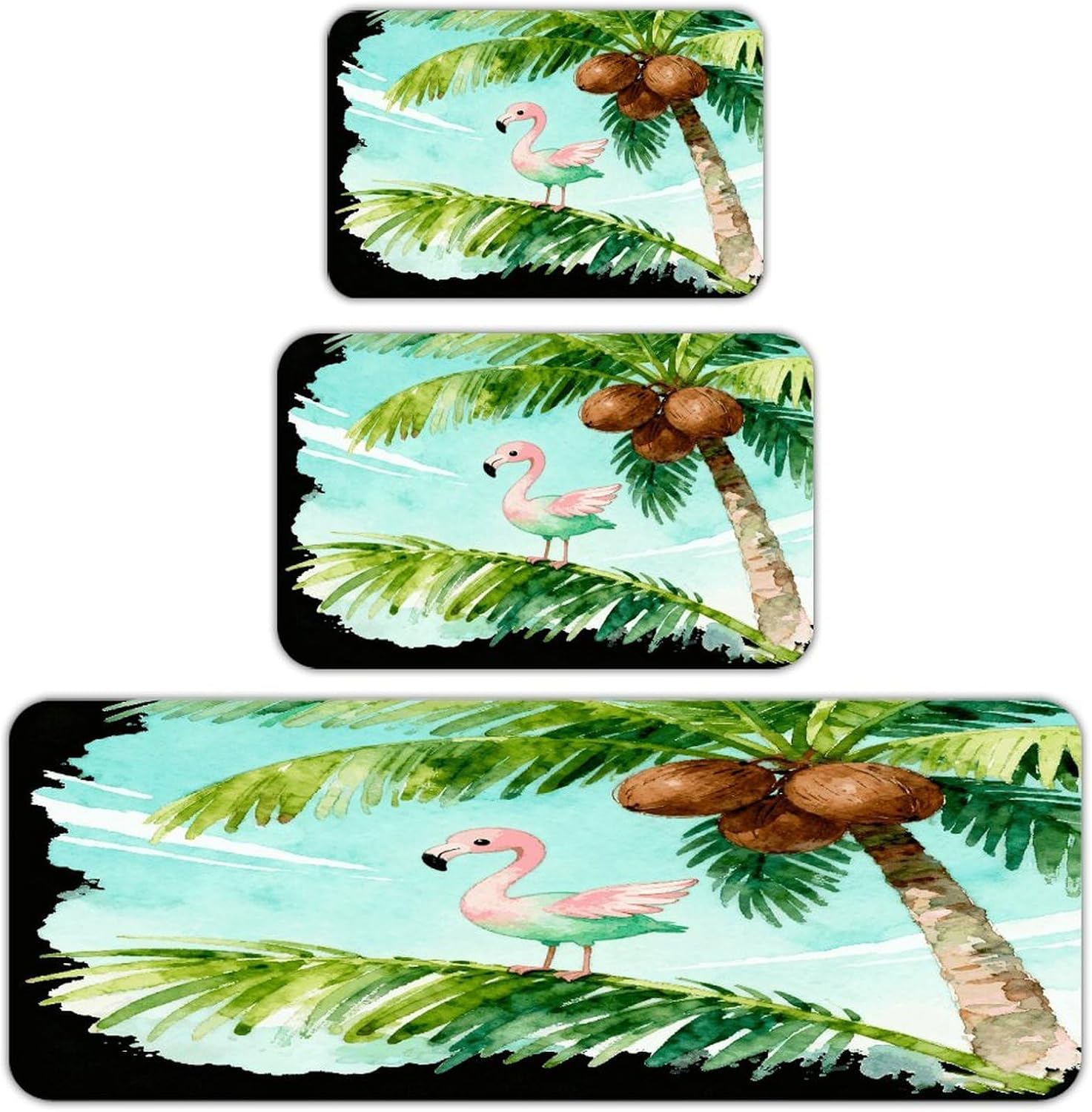 Coconut Flamingo Green Kitchen Rugs Sets of 3 Non Slip Kitchen Mat for Floor Comfort Standing Rug and Mats Thick Cushioned Long Area Carpets for Laundry Room Entryway