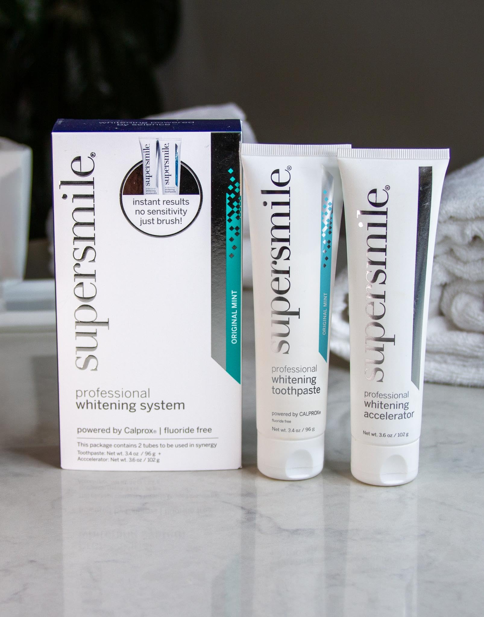 Supersmile Fluoride-Free Whitening System – 3.4 oz Professional Grade Whitening Toothpaste & 3.6 oz Accelerator – Whitens up to 6 Shades & Strengthens Enamel
