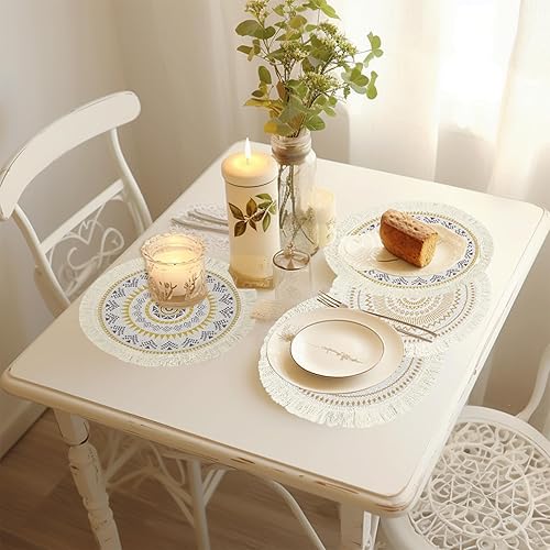 Miniatura 5 de CAPASIN Manteles individuales redondos bohemios con borlas, bonitos manteles individuales tejidos de mandala con flores, algodón, para casa de