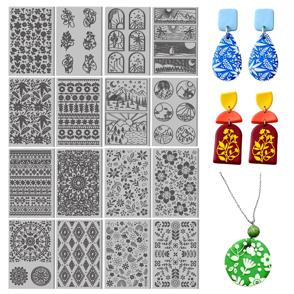 16 Sheet 4 Style Bohemian Flowers and Rainbow Polymer Clay Texture Mat Landscape Clay Modeling Pattern Pad Background Texture Sheets for Making Earrings Jewerly Tools, 4×2.6 inch