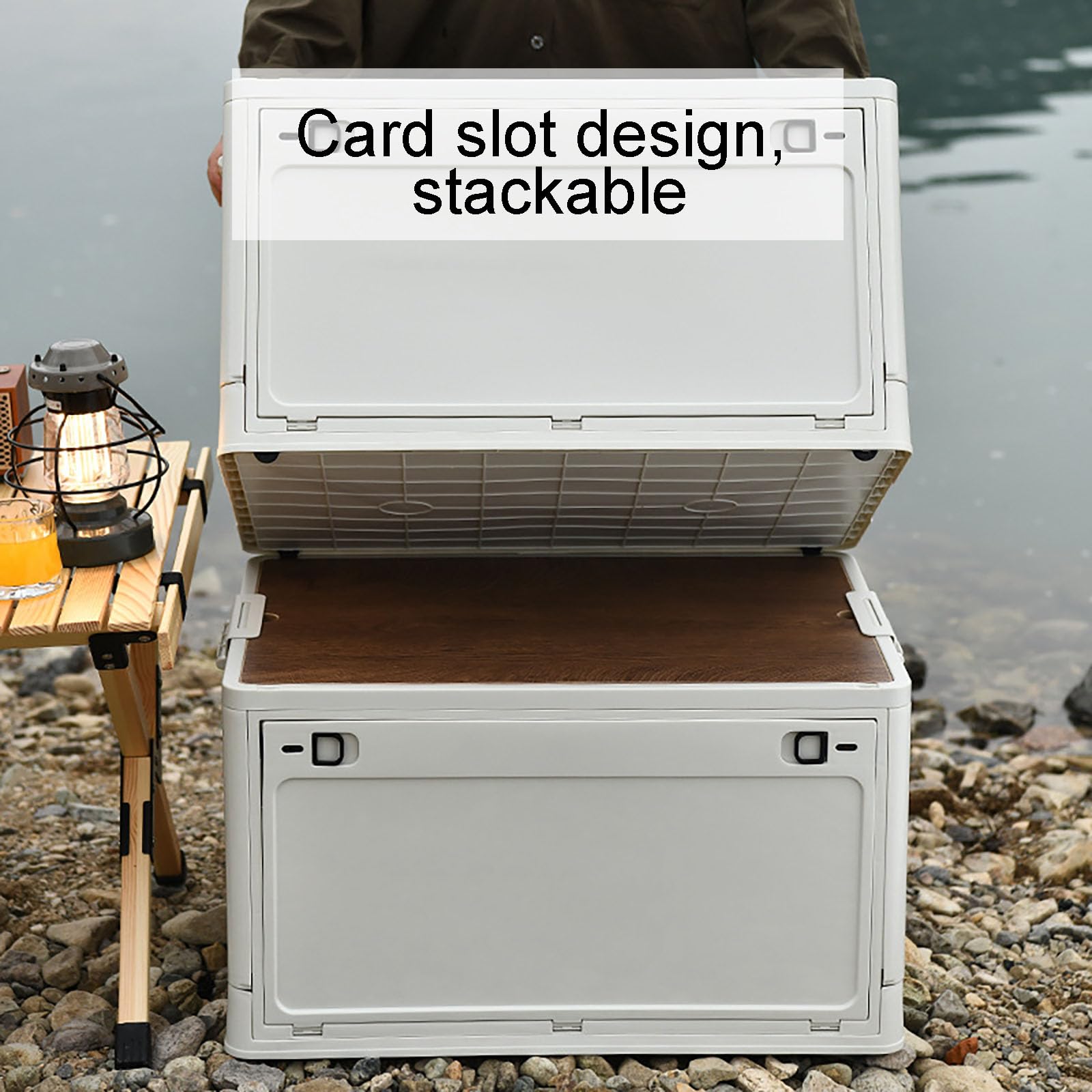Campingbox Mit Deckel, Faltbare Stapelbar Aufbewahrungsbox Mit Riemenscheiben, Faltschachtel Stauraum Kofferraum Mit Holzdeckel Kann Als Schneidebrett- Blue|| 50 * 35 * 24.5cm