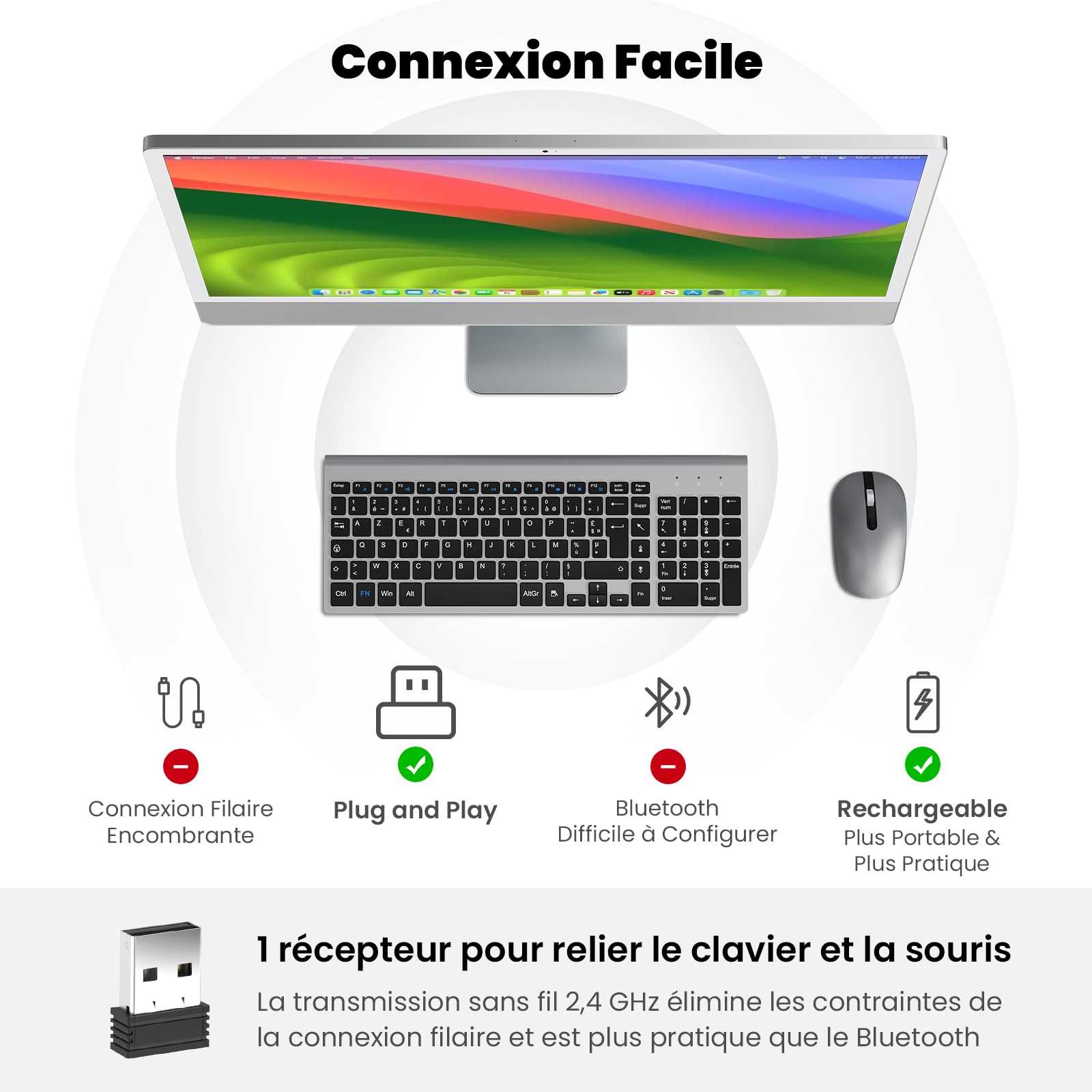 Ensemble Clavier et Souris sans Fil, cimetech Claiver AZERTY Français, Combo Clavier et Souris, Set Silencieux avec Récepteur Nano USB 2.4GHz, Compatible avec Windows/MacOS, Windows PC Laptop - Gris