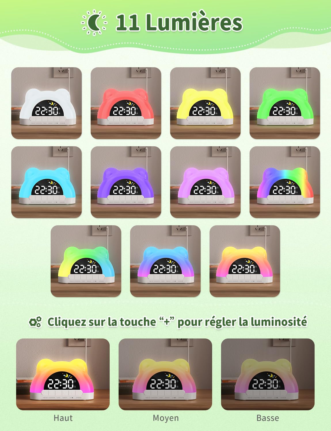 Reveil Enfant Educatif Jour/Nuit, Réveil Enfants avec 11 Effets de Lumière, Comprend Une Luminosité Automatique de l’Écran, Réveil Numérique pour Garçons Filles, Deux Alarmes, Chambre D'enfant