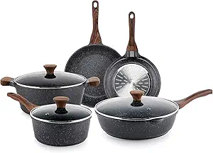 SENSARTE Cookware Set, 8-Piece Pots and Pans with Lid, Stay-Cool Handle, Induction Compatible Healthy Granite Kitchen Cookware Set with Swiss nonstick Coating, PFOA free