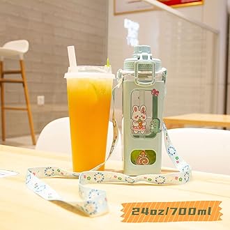 GMKD Kawaii Water Bottle for Kids Cute Water Bottles with Straw Portable Square Drinking Bottle, Leakproof Water Jug for Girls, 24 oz (Green-700ml)