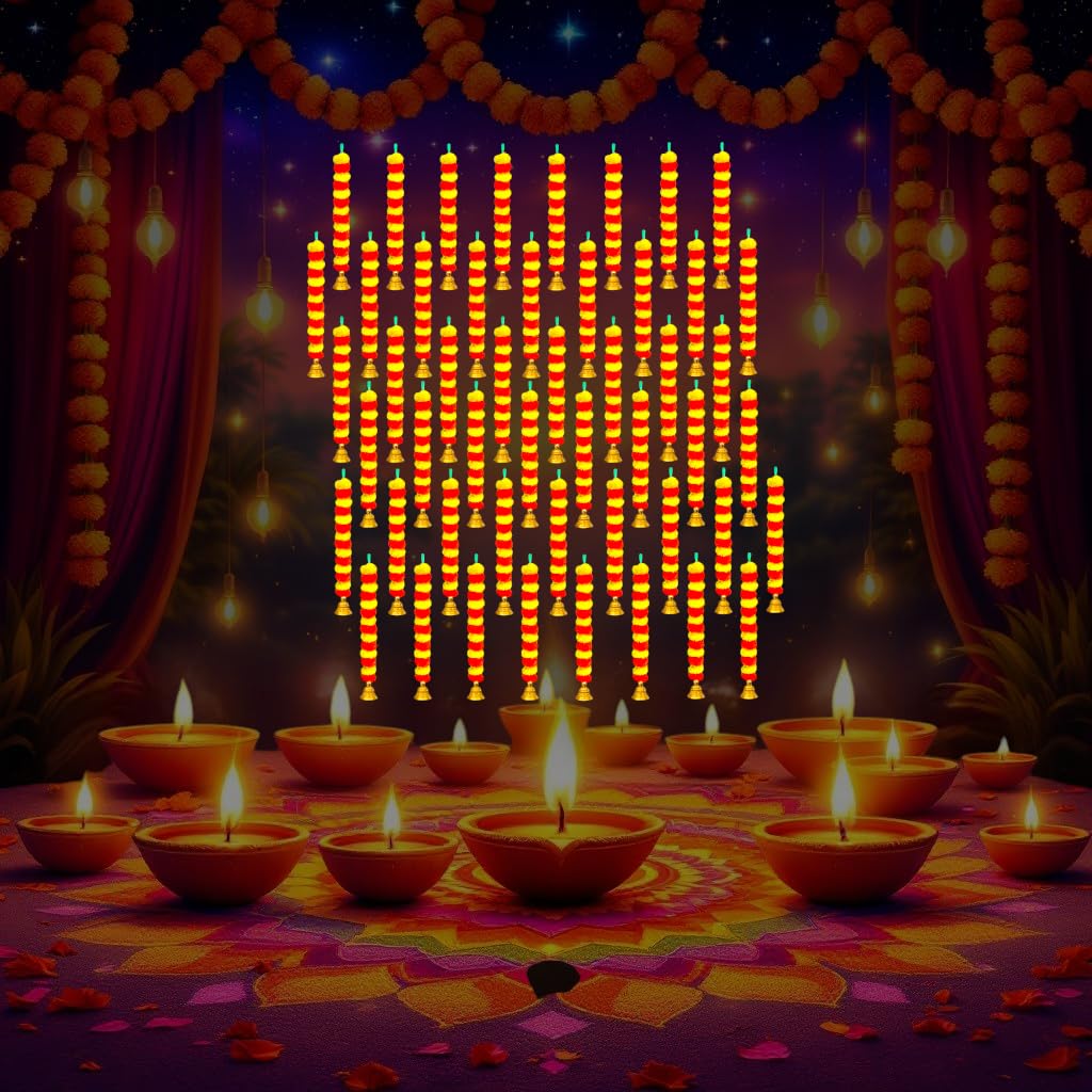 iHandikart Girlanda nagietka sztuczny puszysty kwiat z dzwonkiem na dole używana do dekoracji festiwalowej | dekoracja domu biura Diwali, kolor żółty i ciemnopomarańczowy, opakowanie 50 sztuk (31578)
