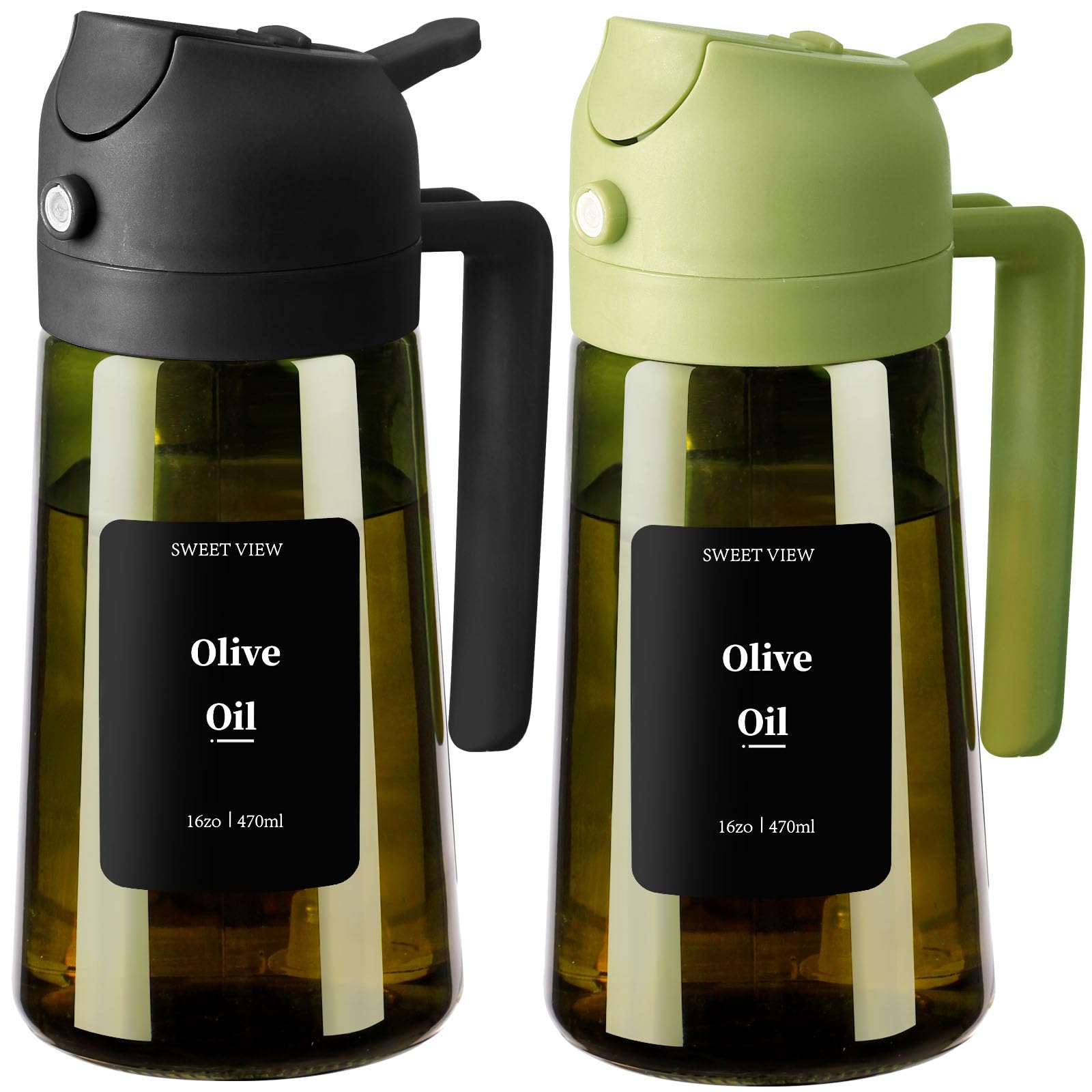 SWEET VIEW Olivenölspender und Ölsprüher – 470 ml Glas, lichtdichter Ölausgießer für Küche, Luftfritteuse, Kochen, Salat und Grillen