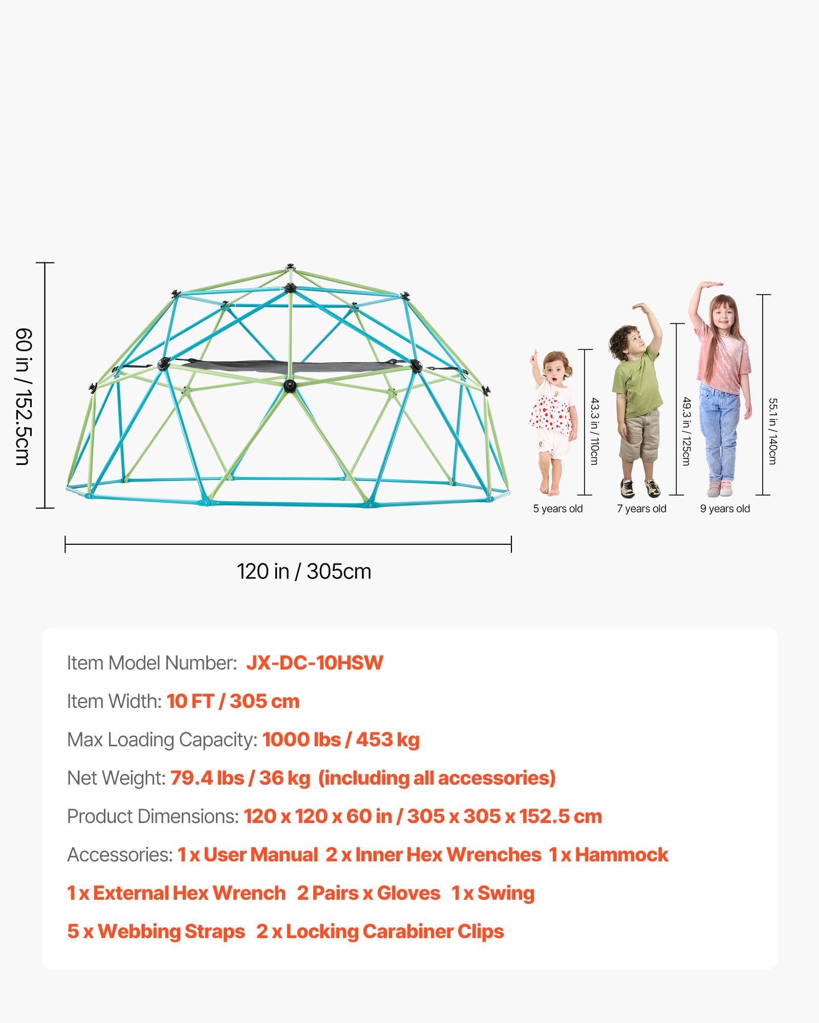 VEVOR Struttura da Arrampicata Geometrica a Cupola Larghezza 305 cm con Altalena e Amaca, Capacità di Carico 453 kg, Attrezzatura da Arrampicata per Bambini dai 3 ai 10 Anni, Parco Giochi Giardino