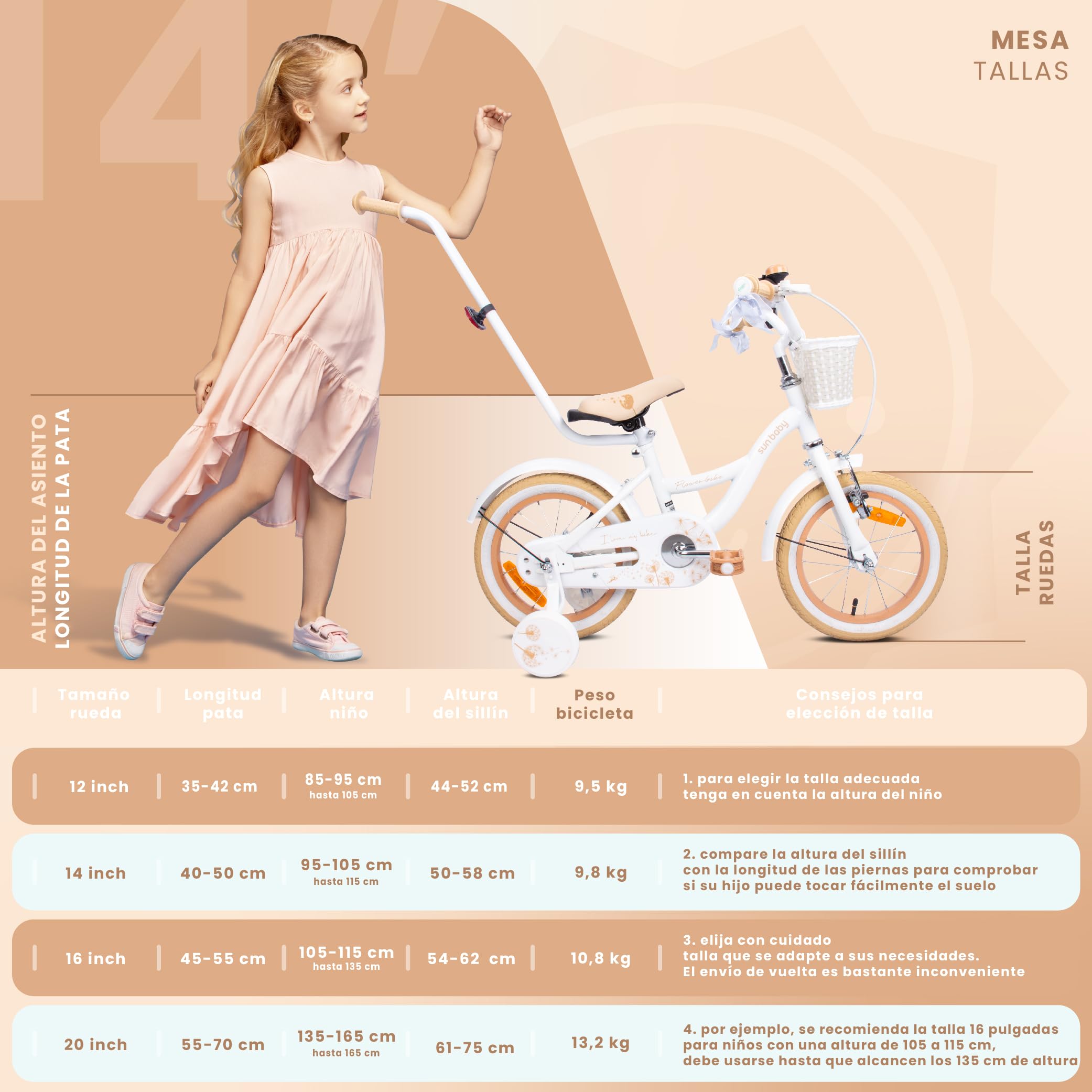 sun baby Flower Bike Bicicleta Infantil para niña 12/14/16 Pulgadas, con ruedines, Barra de Empuje, Cesta, Timbre, Freno contrapedal y V-Brake
