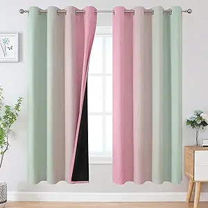 Estelar Textiler Ombre Sage Green and Pink Blackout Curtains for Living Room, Thermal Insulated Full Room Darkening Grommet Gradient Blackout Drapes for Bedroom, 52Wx72L, One Pair