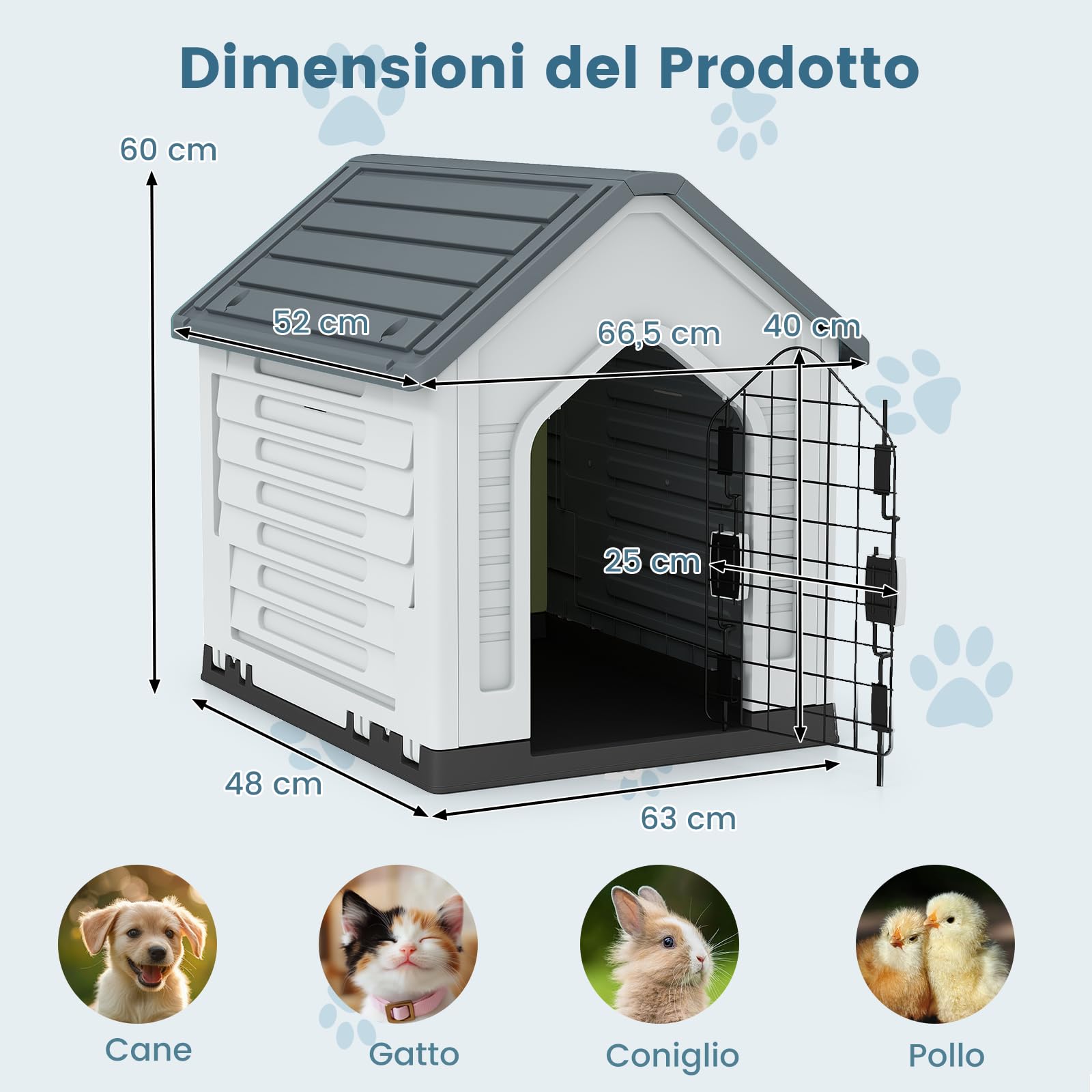 COSTWAY Cuccia per Cani da Esterno ed Interno, Casetta per Cani Impermeabile con Porta in Metallo Bloccabile e Prese d'aria e Tetto Spiovente, Cucce per Cuccioli per Casa, 66,5 x 52 x 60 cm (Grigio)