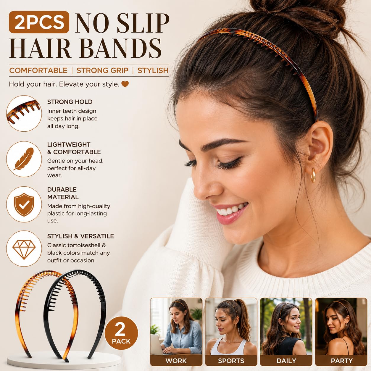 BAKEFY- 2 Pcs Comb Plastic Headband for Women Girls, 2 Pack Teeth Hair Band, Hair Hoop Headband, Non Slip Hair Accessories, Fashion Hair Band for Daily Wear (Black & Brown) 1