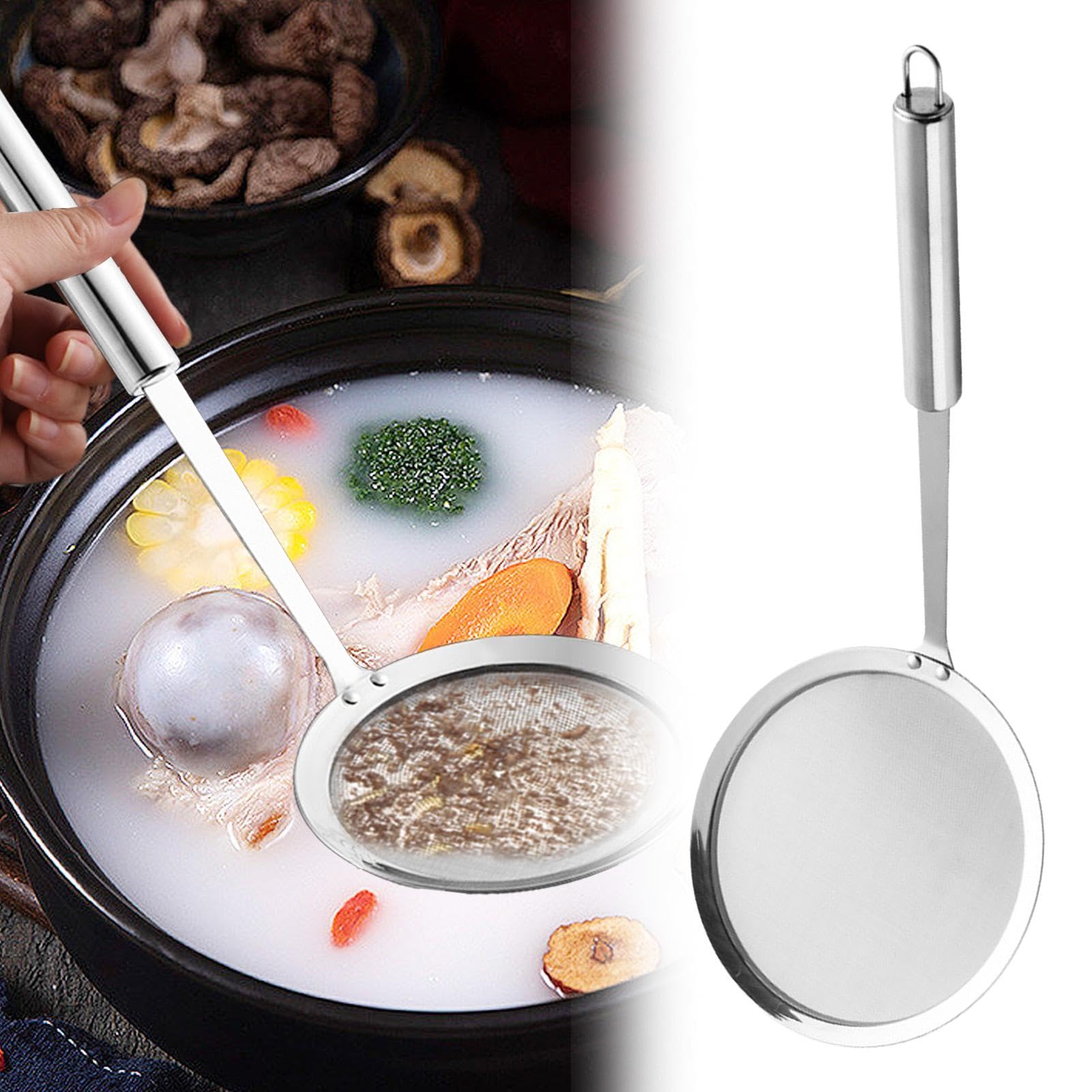 Cucchiaio colino a rete, cucchiaio schiumatrice con manico - Cucchiaio setaccio a maglia fine Schiumarola in acciaio inox - Mestolo colino per scremare grasso e schiuma per latte di soia