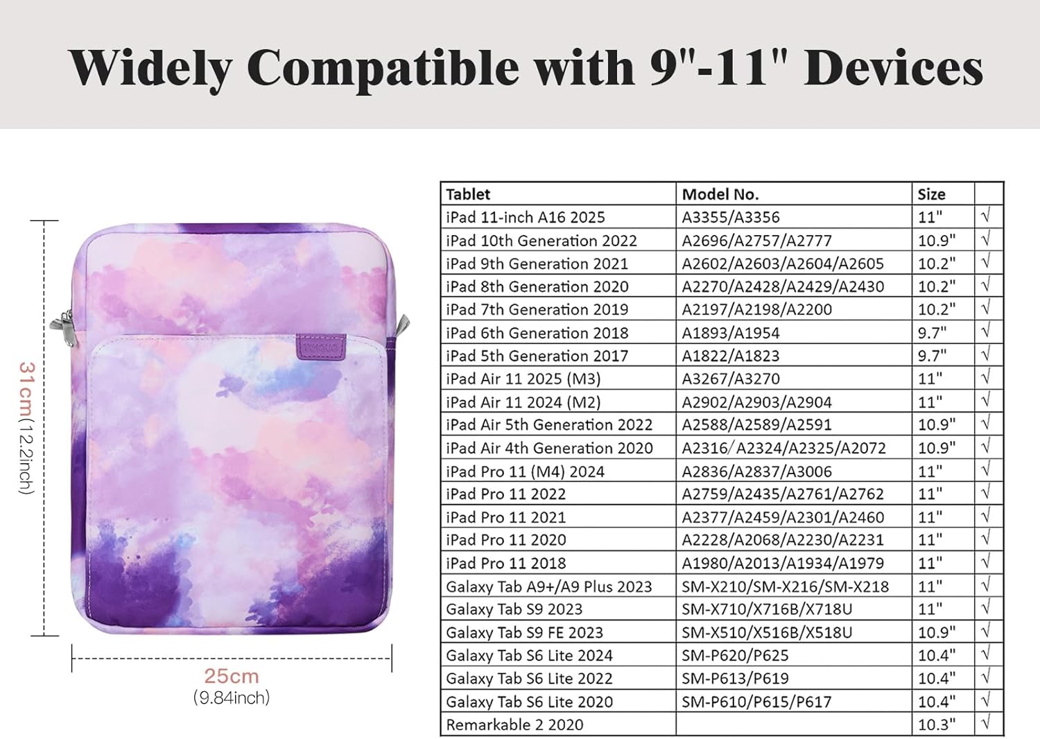 TiMOVO 9-11 Inch Tablet Sleeve Bag with Shoulder Strap for iPad 11-inch A16 2025, iPad 10th Gen. 10.9"/10.2", Galaxy Tab A9+/A11Plus 11", Watercolor Purple - Image 2