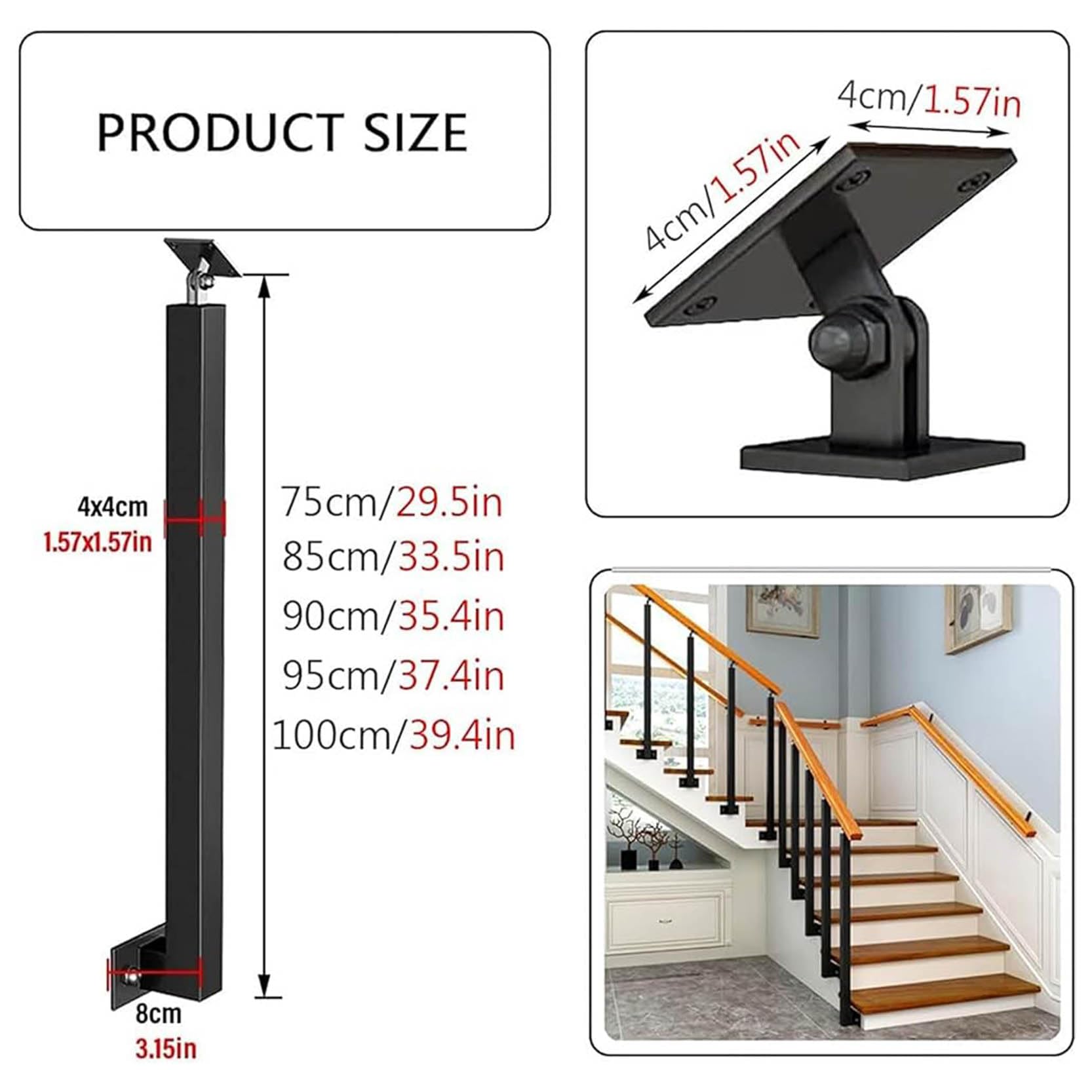 Balaustre regolabili per scale in ferro nero, mandrini per ringhiera in metallo a 270° con staffa piatta per decorazione terrazza, balcone e scale, confezione da 4 montanti laterali da 85 cm
