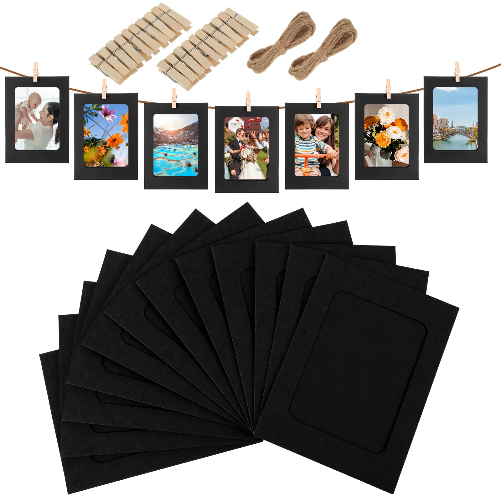 20 Pcs Paper Photo Banner, 4x6 Inch Hanging Photo Display Banner Hanging Pictures with String Paper Picture Frames with Clips DIY Photoes Holder for Home Wedding Party Office Birthday Decor (Black)