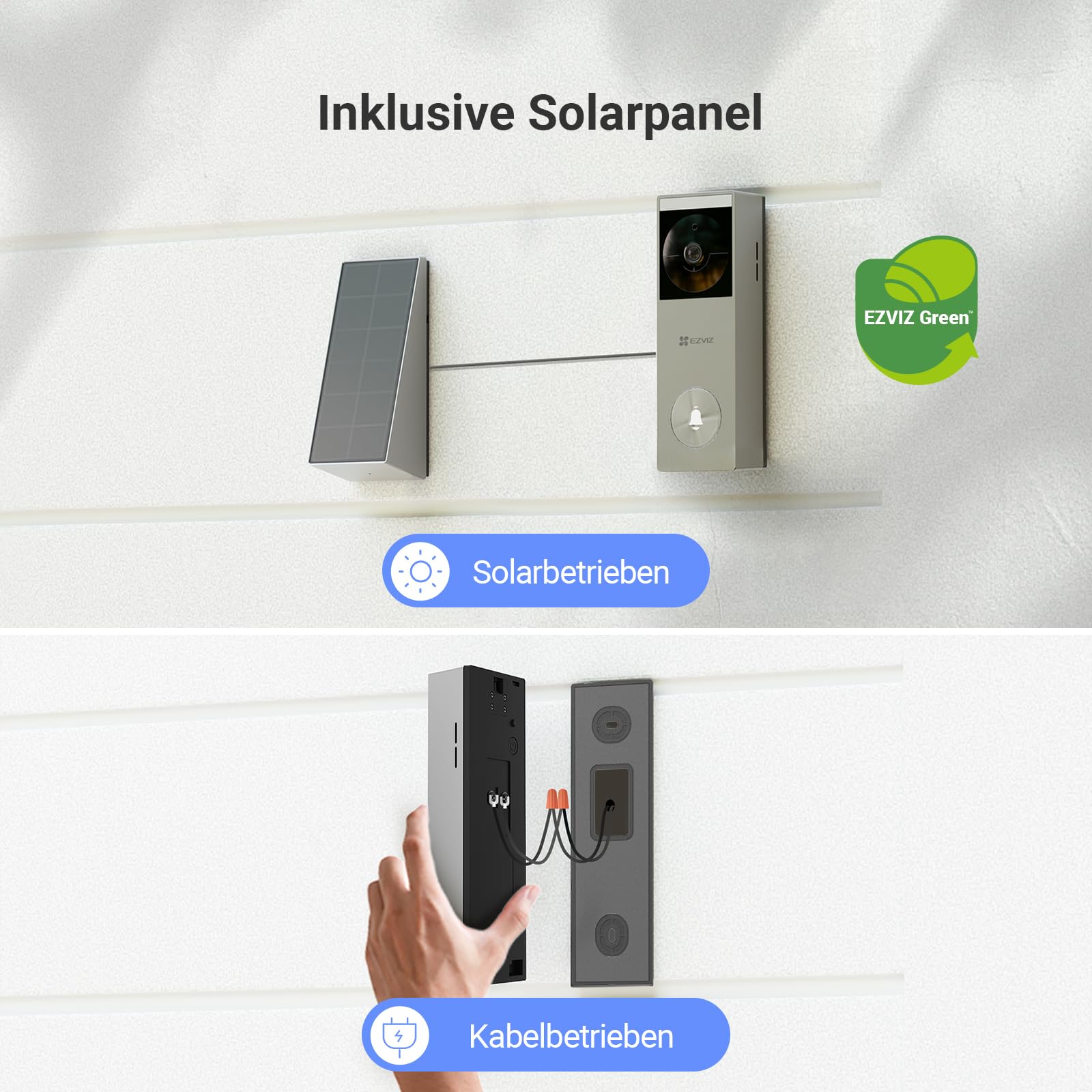 EZVIZ CP3 Pro Akku Video-Türklingel mit Chime CH1, Kabellose Klingel mit Kamera, Personenerkennung, 2K & Farb-Nachtsicht, Zwei-Wege-Audio, 8GB eMMC-Speicher, Video Doorbell mit Solarpanel + Chime Kit