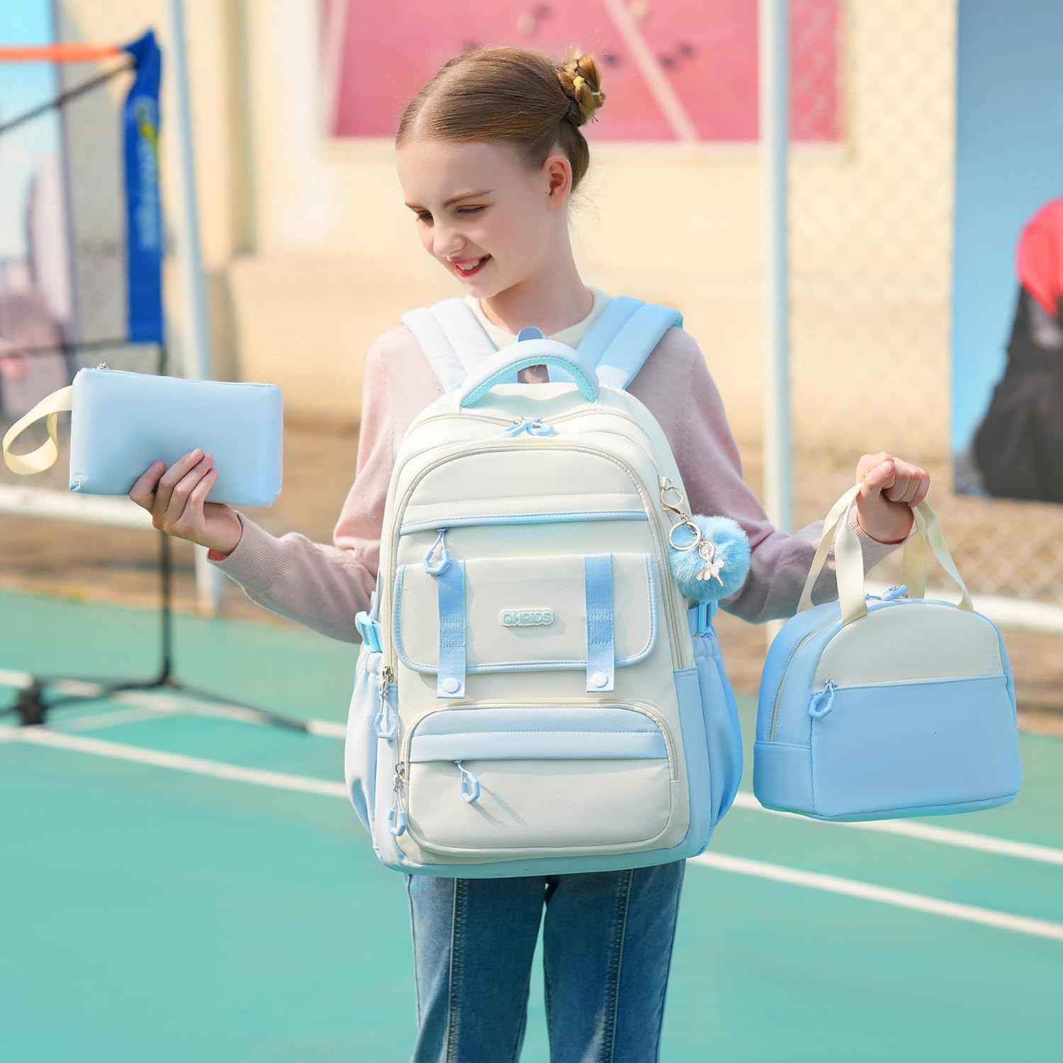 School Backpack for Girls, 3PCS Laptop Backpack 15.6 Inch with Lunch Box Pencil Pouch Set for Kids Teens Elementary Middle High School College Bookbag Student Casual Travel Daypack,Blue Beige